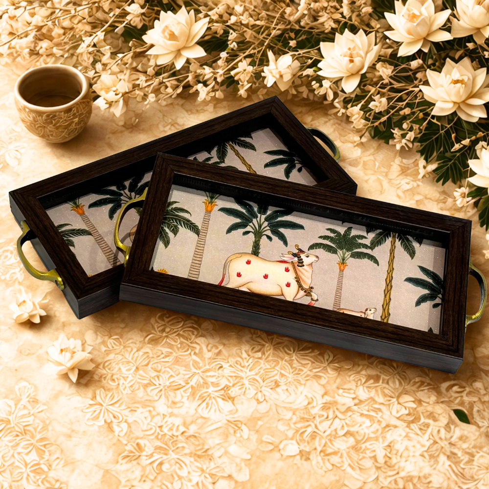 Handcrafted wooden tray For Serving - Set of 2 |Tray Set For Decoration