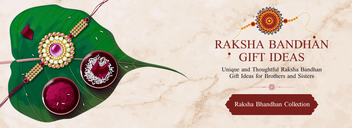 Promotional banner for Raksha Bandhan gift ideas with traditional jewelry and a leaf on a beige background.