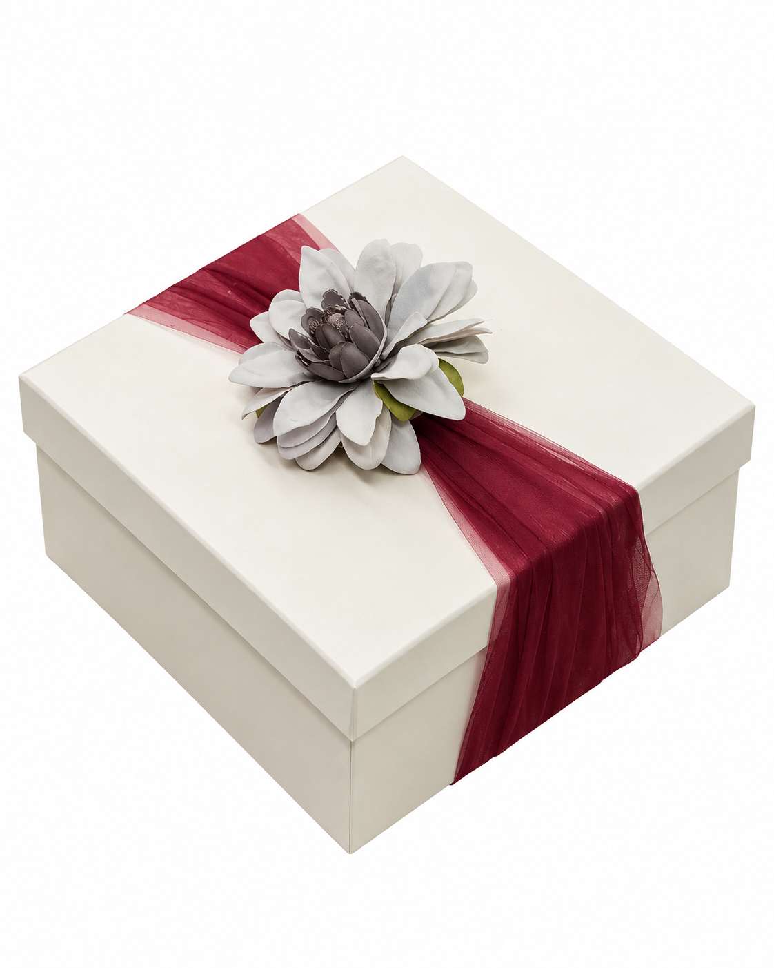 Ivory Rigid Gift Box with Floral Tulle Wrap (8x8 inch)