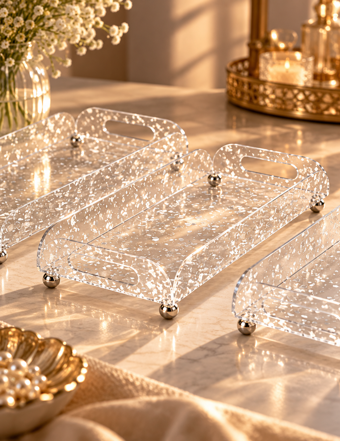 Set of 3 Premium Clear Acrylic Display Riser Stand with Crystal Pattern