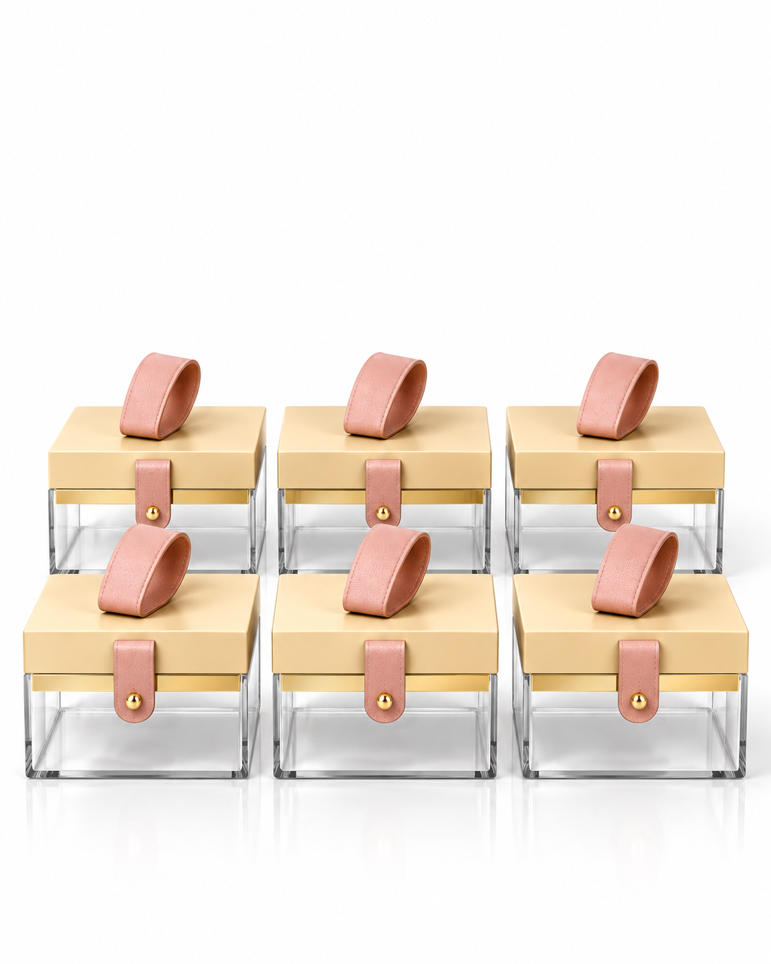 Set of 6 Clear Acrylic Gift Boxes with Leather Handle and Brass Rivet Strap