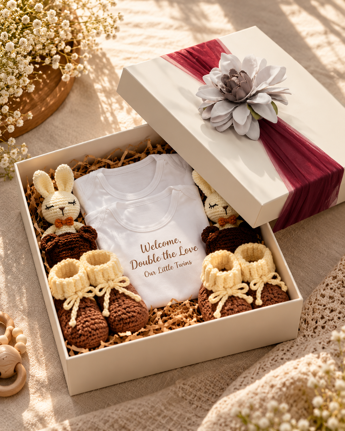 Ivory Rigid Gift Box with Floral Tulle Wrap (8x8 inch)
