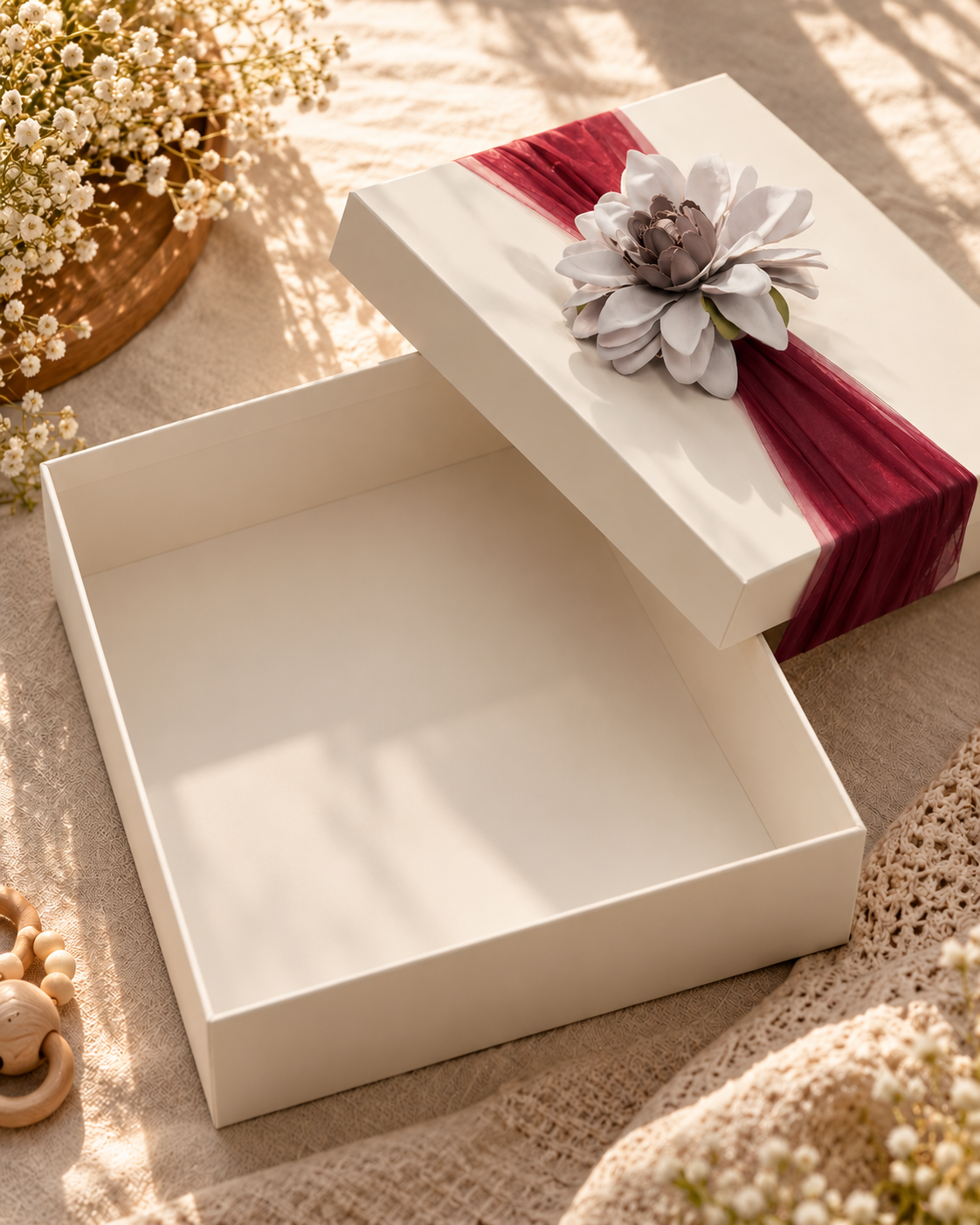 Ivory Rigid Gift Box with Floral Tulle Wrap (8x8 inch)