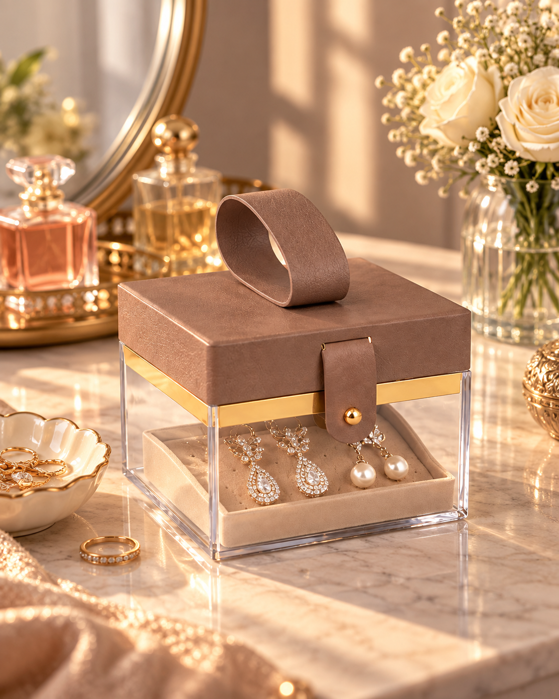 Set of 6 Clear Acrylic Gift Boxes with Leather Handle and Brass Rivet Strap