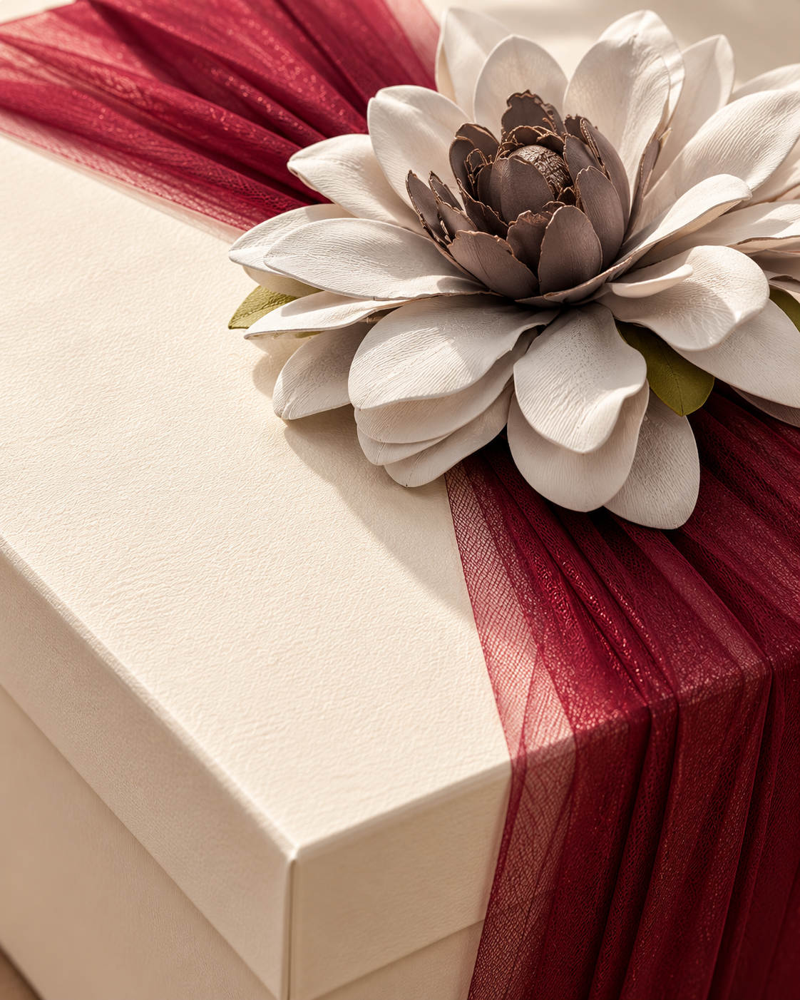 Ivory Rigid Gift Box with Floral Tulle Wrap (8x8 inch)