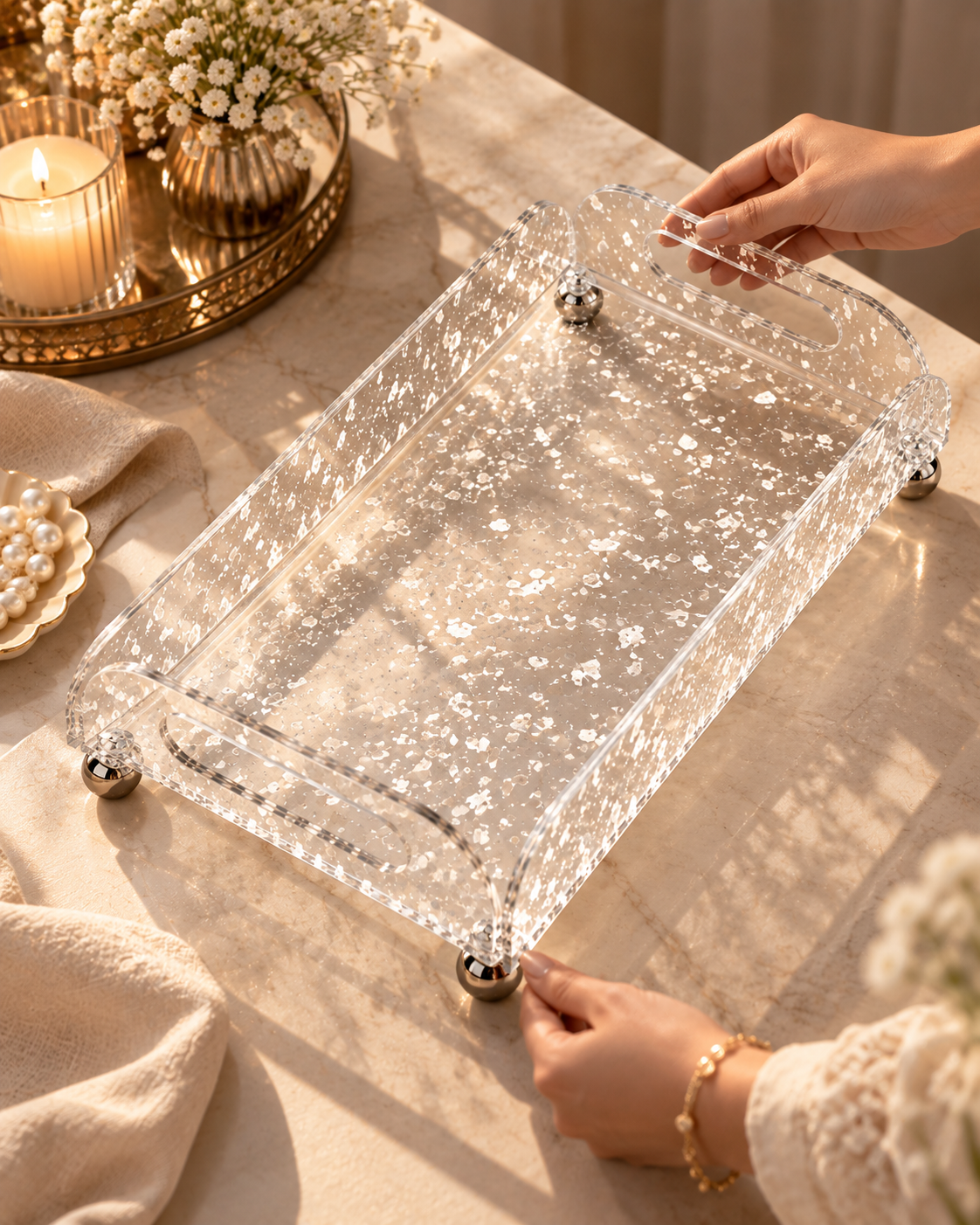 Set of 3 Premium Clear Acrylic Display Riser Stand with Crystal Pattern
