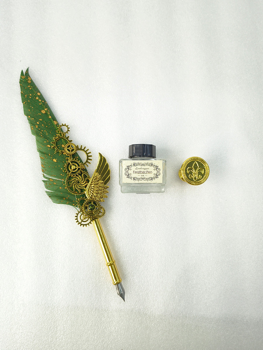 Feather Quill Pen Set with Wing & Gear Charm