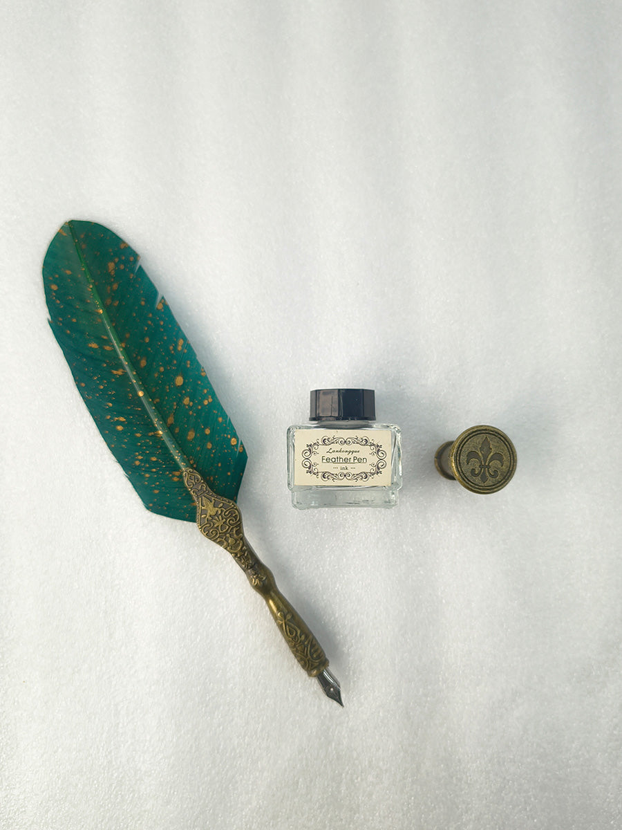 Vintage Feather Quill Pen Set with Ink Bottle & Wax Seal Stamp