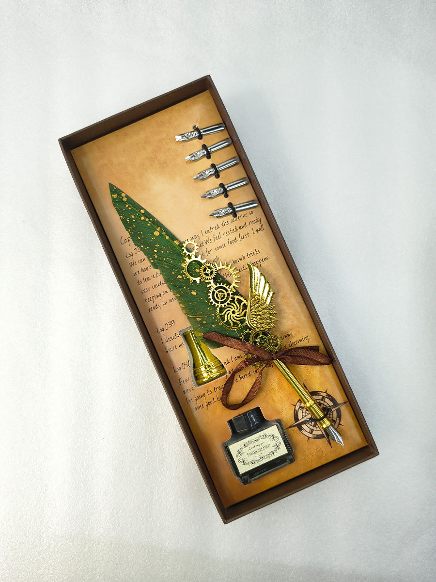 Feather Quill Pen Set with Wing & Gear Charm