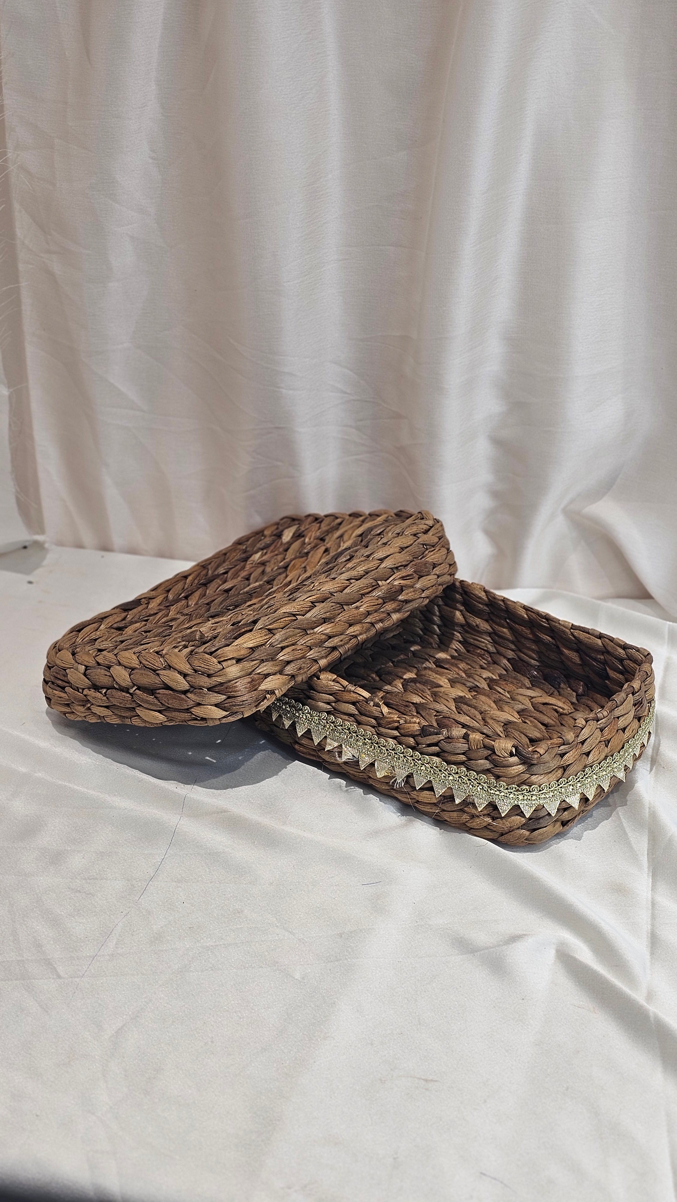 Handwoven Water Hyacinth Storage Basket with Ribbon Trim