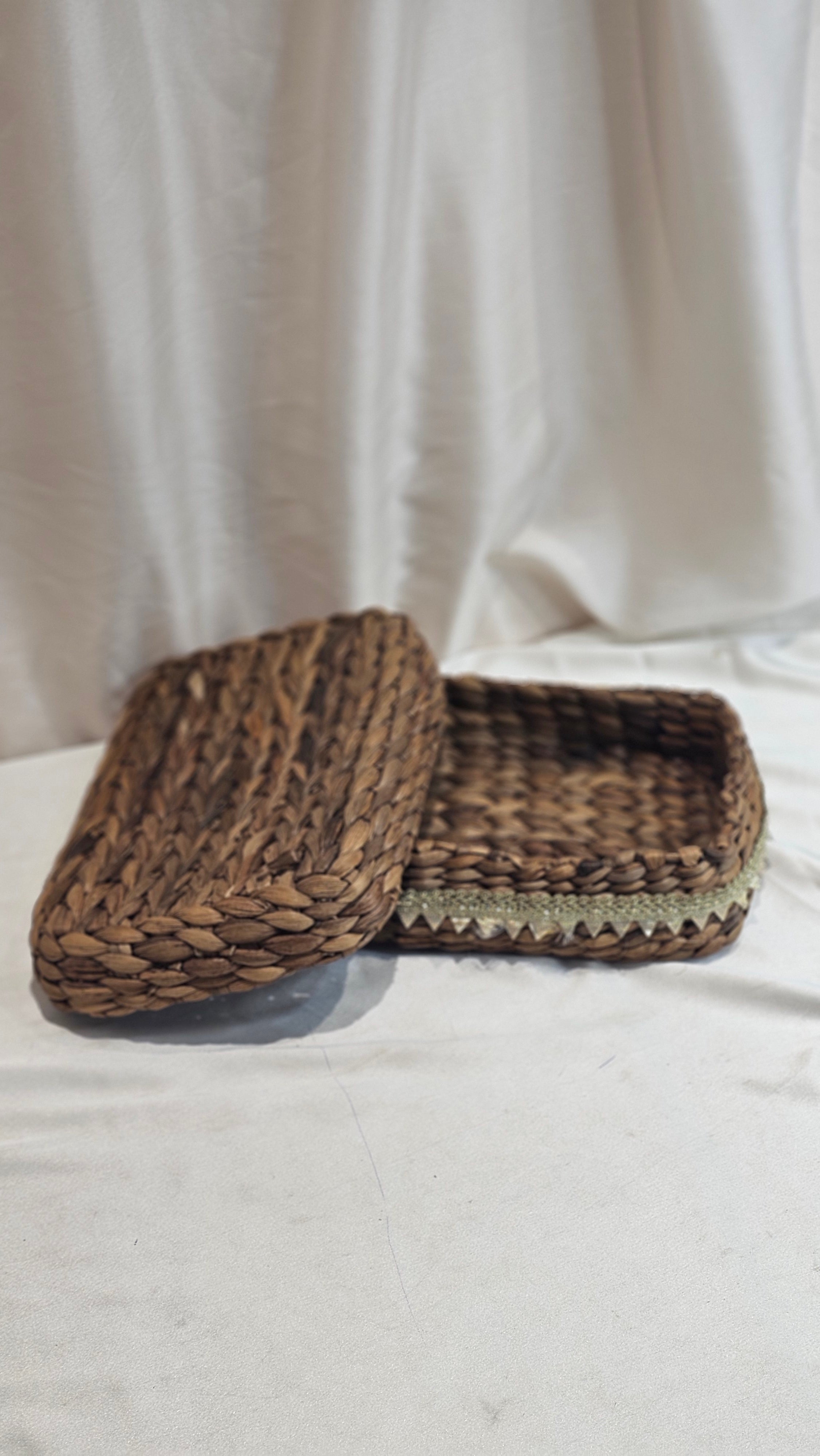 Handwoven Water Hyacinth Storage Basket with Ribbon Trim