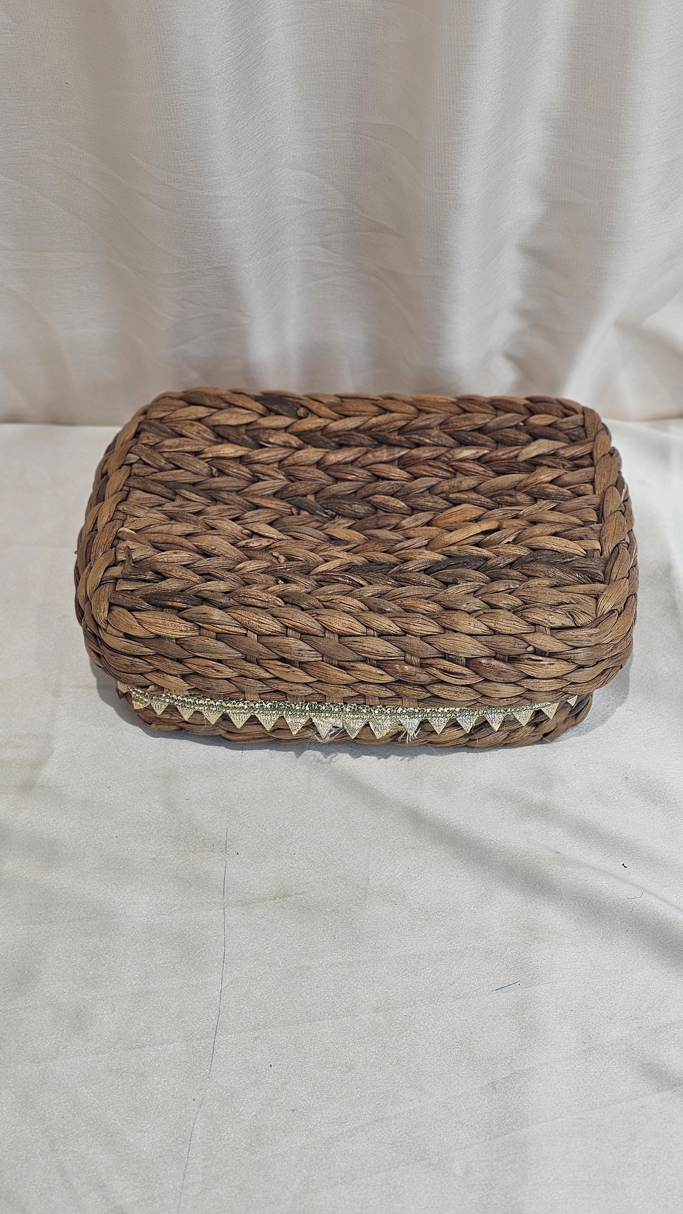 Handwoven Water Hyacinth Storage Basket with Ribbon Trim