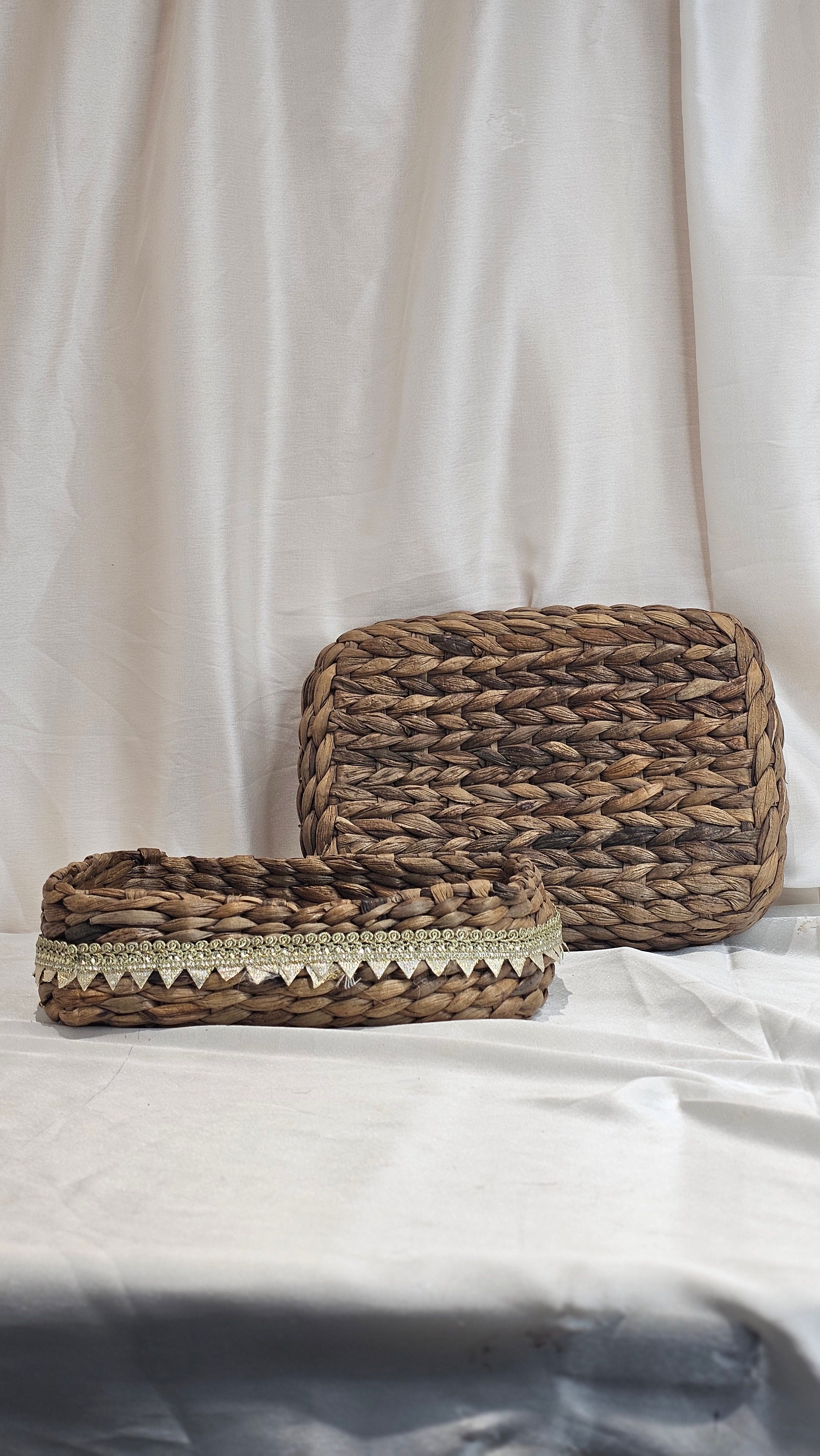 Handwoven Water Hyacinth Storage Basket with Ribbon Trim