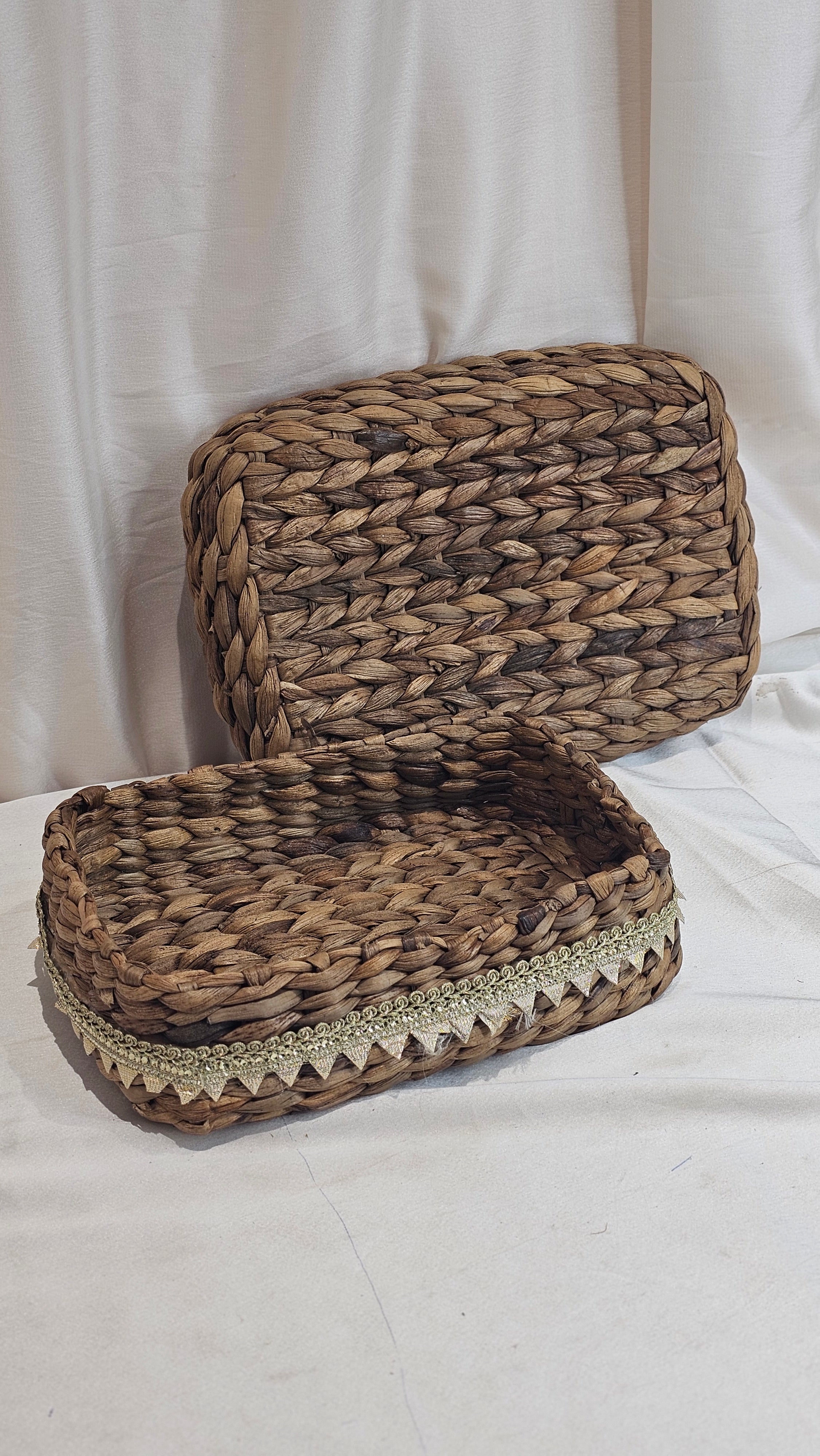 Handwoven Water Hyacinth Storage Basket with Ribbon Trim