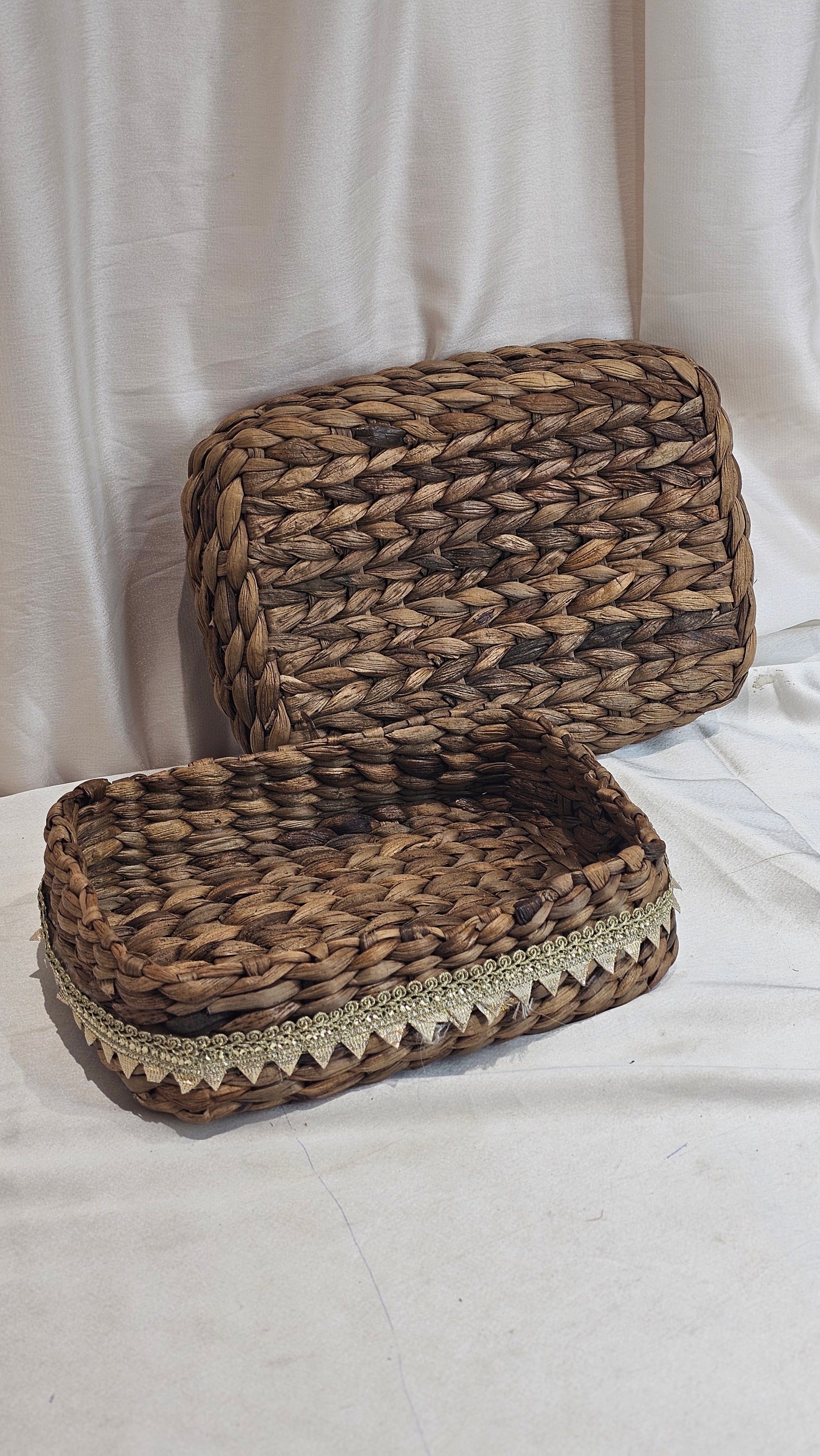 Handwoven Water Hyacinth Storage Basket with Ribbon Trim