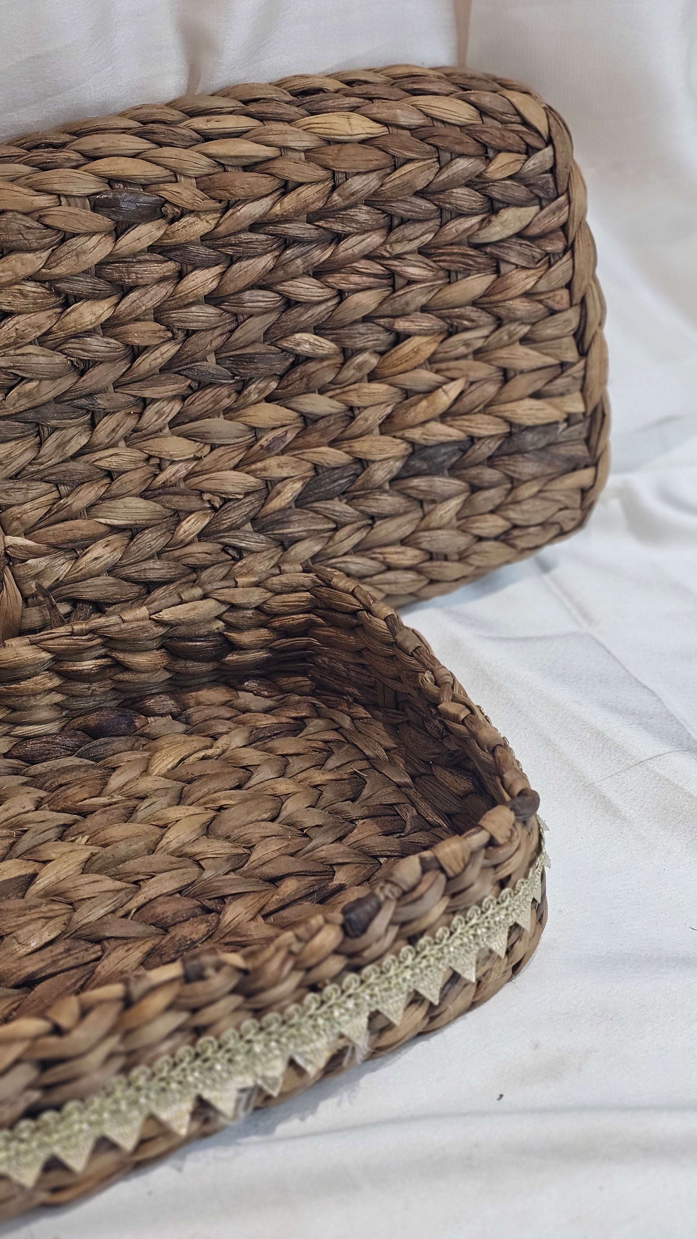 Handwoven Water Hyacinth Storage Basket with Ribbon Trim