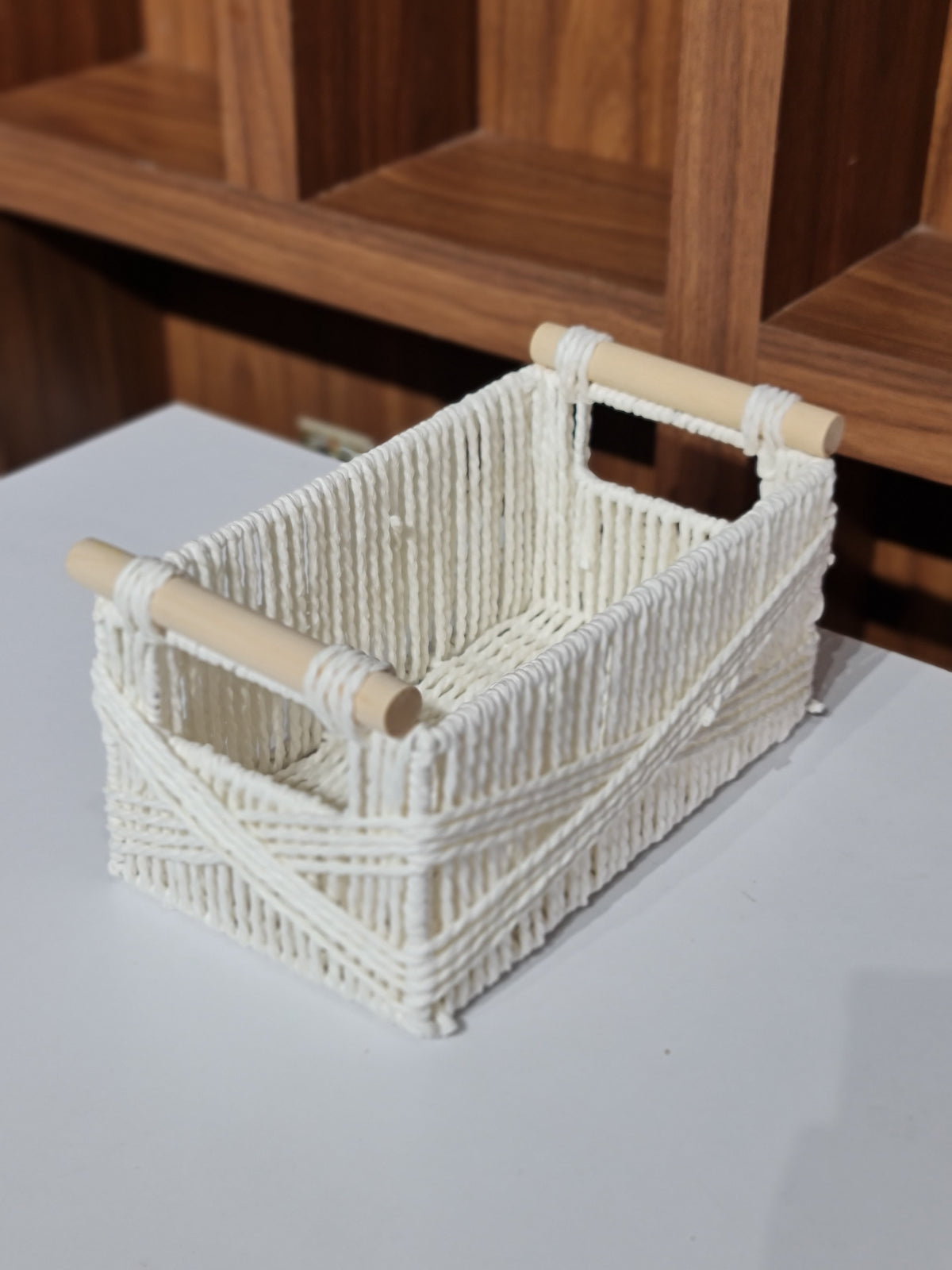Set of 3 Woven Paper Rope Storage Baskets with Wood Handles & Metal Frame