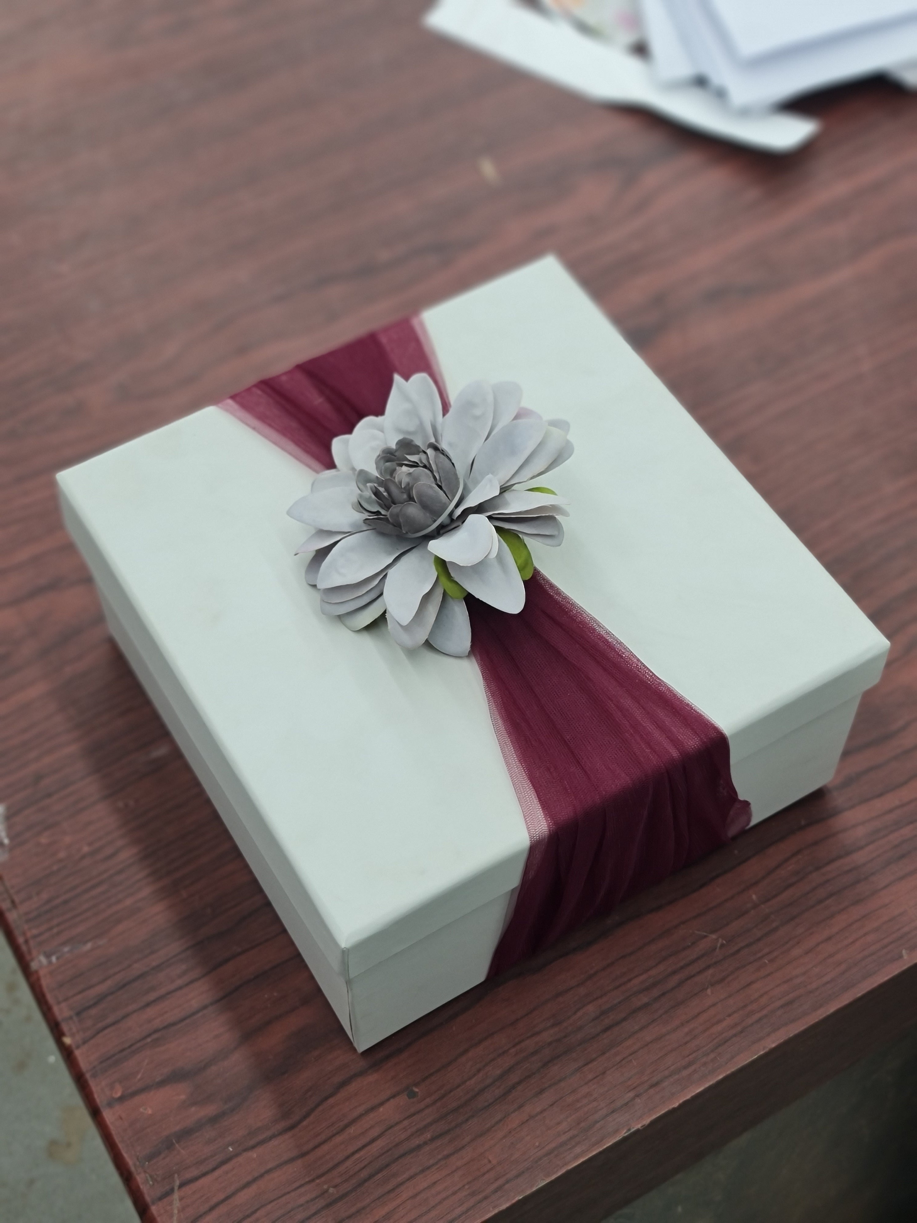 Ivory Rigid Gift Box with Floral Tulle Wrap (8x8 inch)