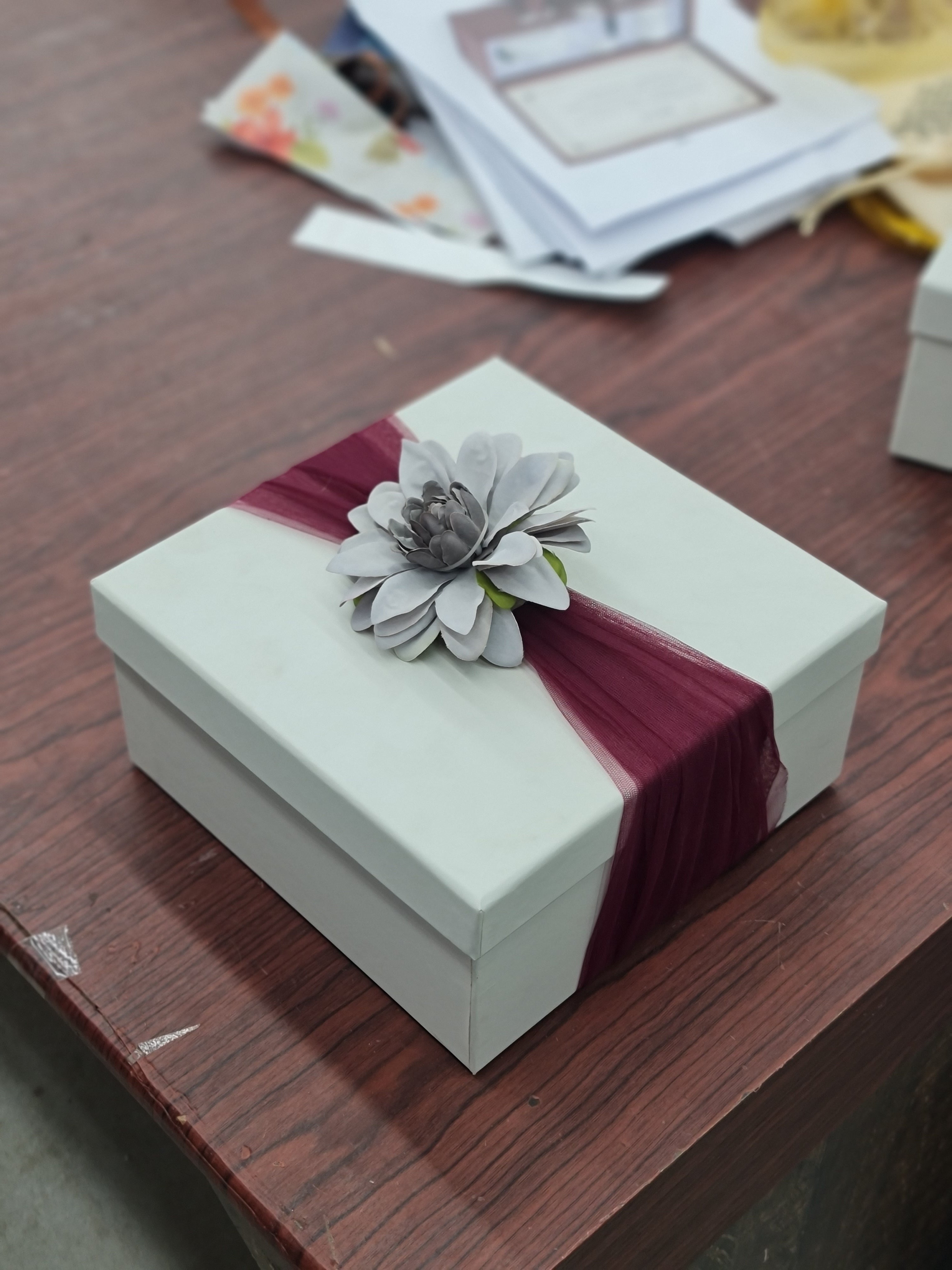 Ivory Rigid Gift Box with Floral Tulle Wrap (8x8 inch)