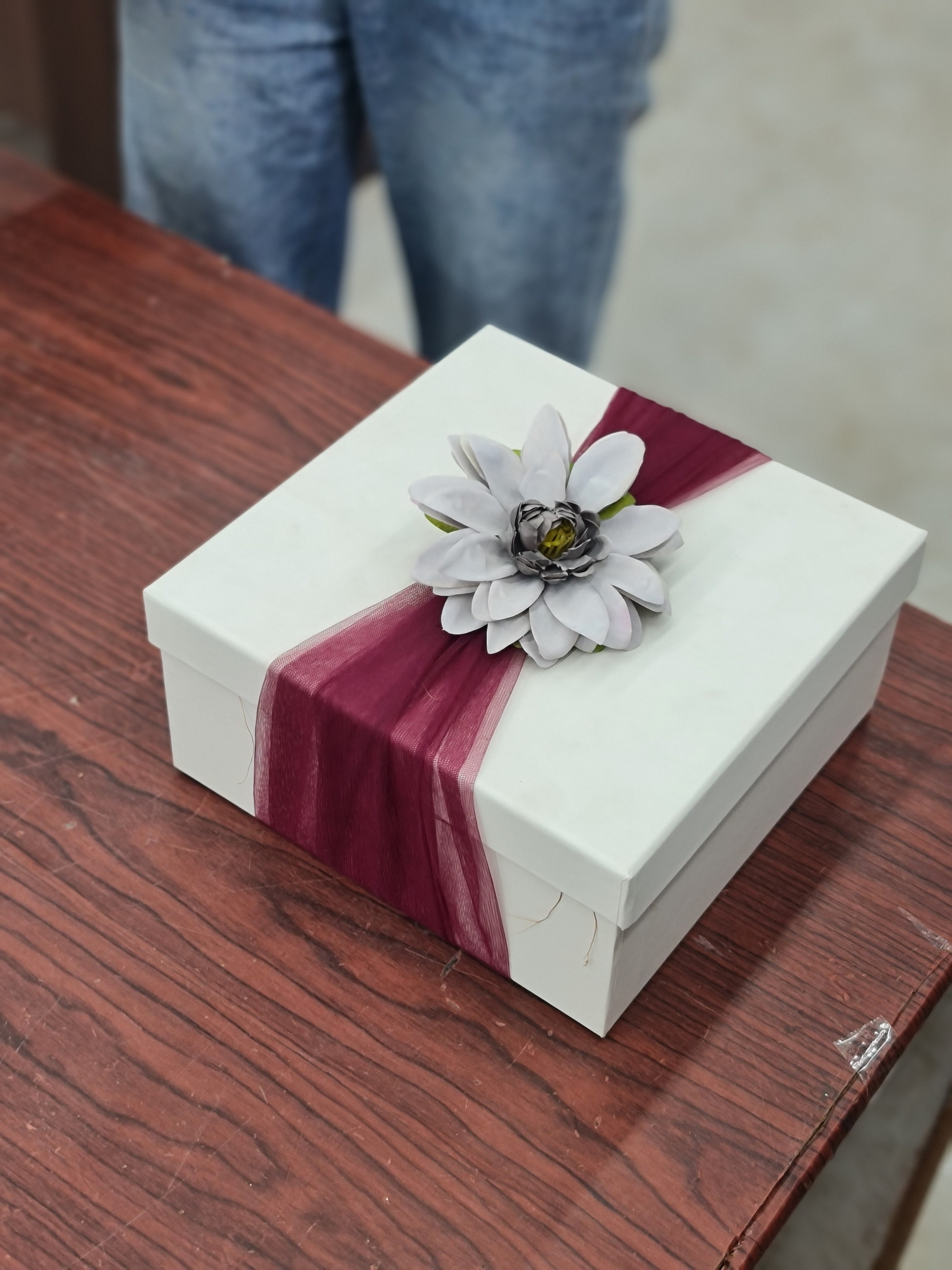 Ivory Rigid Gift Box with Floral Tulle Wrap (8x8 inch)