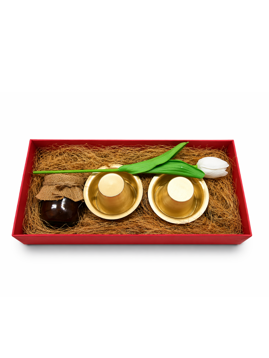 Traditional Brass Cup & Saucer Gift Set with Gourmet Jar & Flower