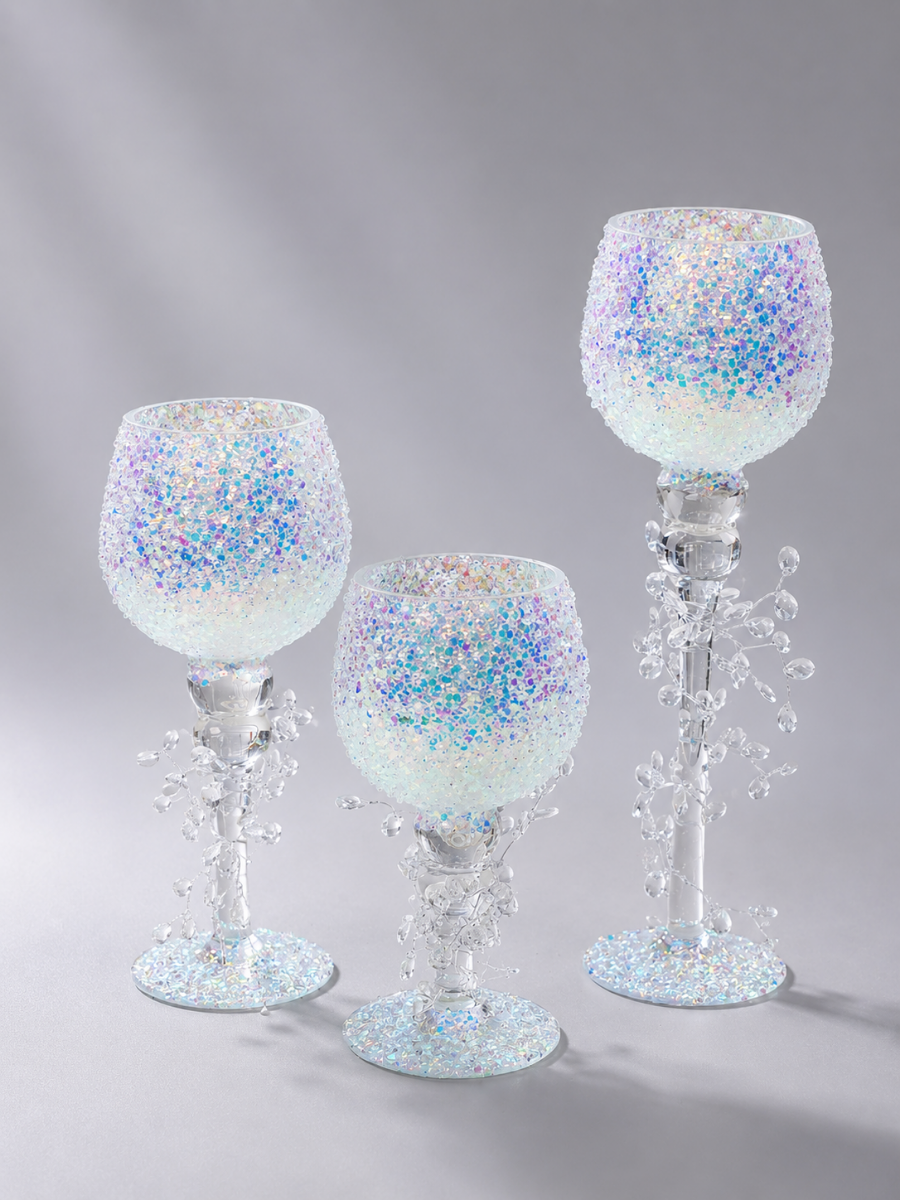 Set Of 3 Crystal Bead Goblet Candle Holder