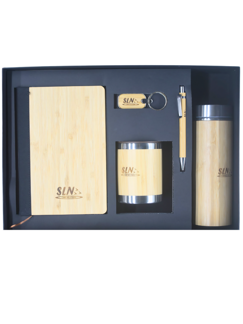 5-in-1 Bamboo Corporate Gift Set — Notebook, Pen, Keychain, Tumbler & Flask