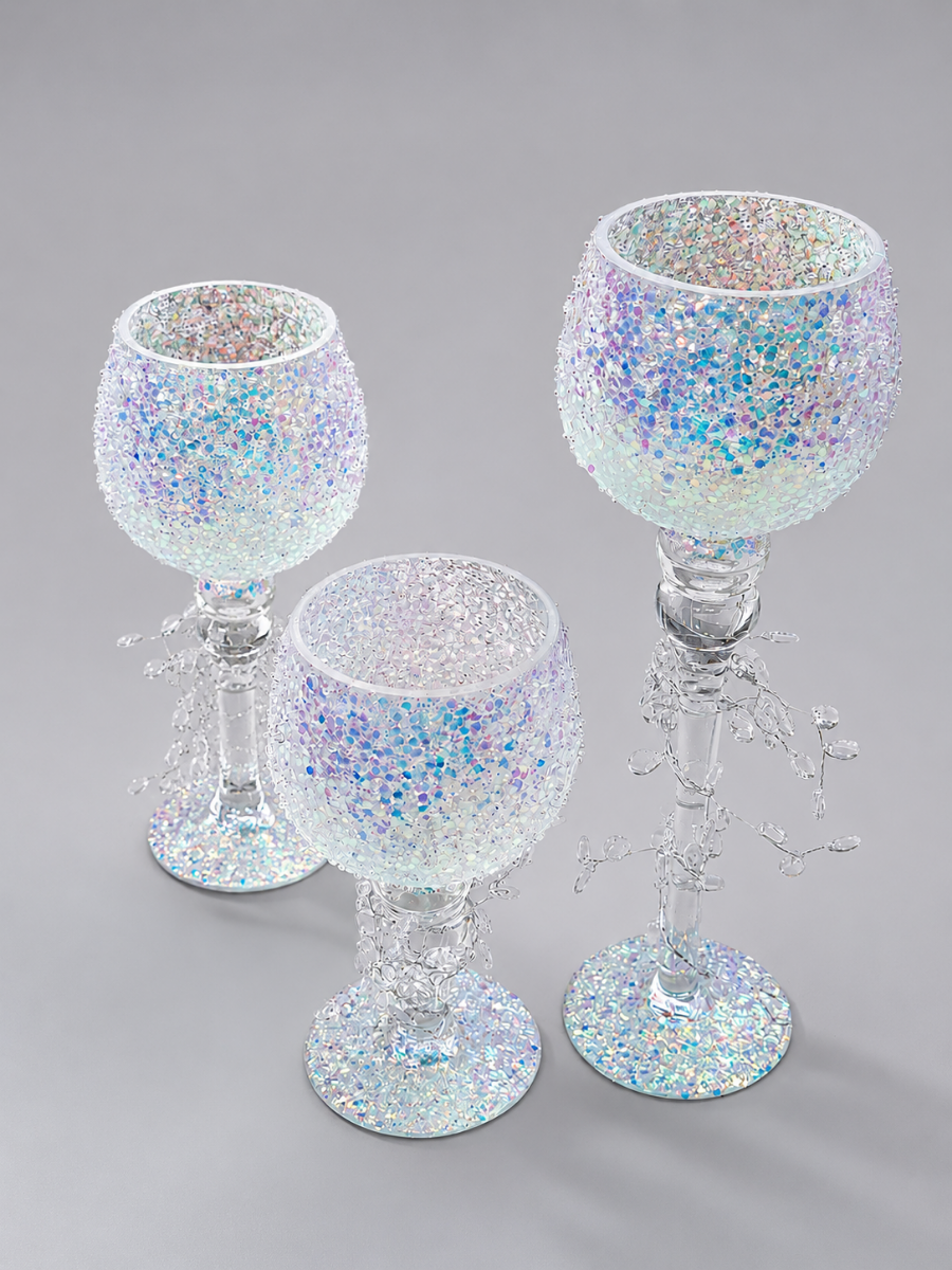 Set Of 3 Crystal Bead Goblet Candle Holder
