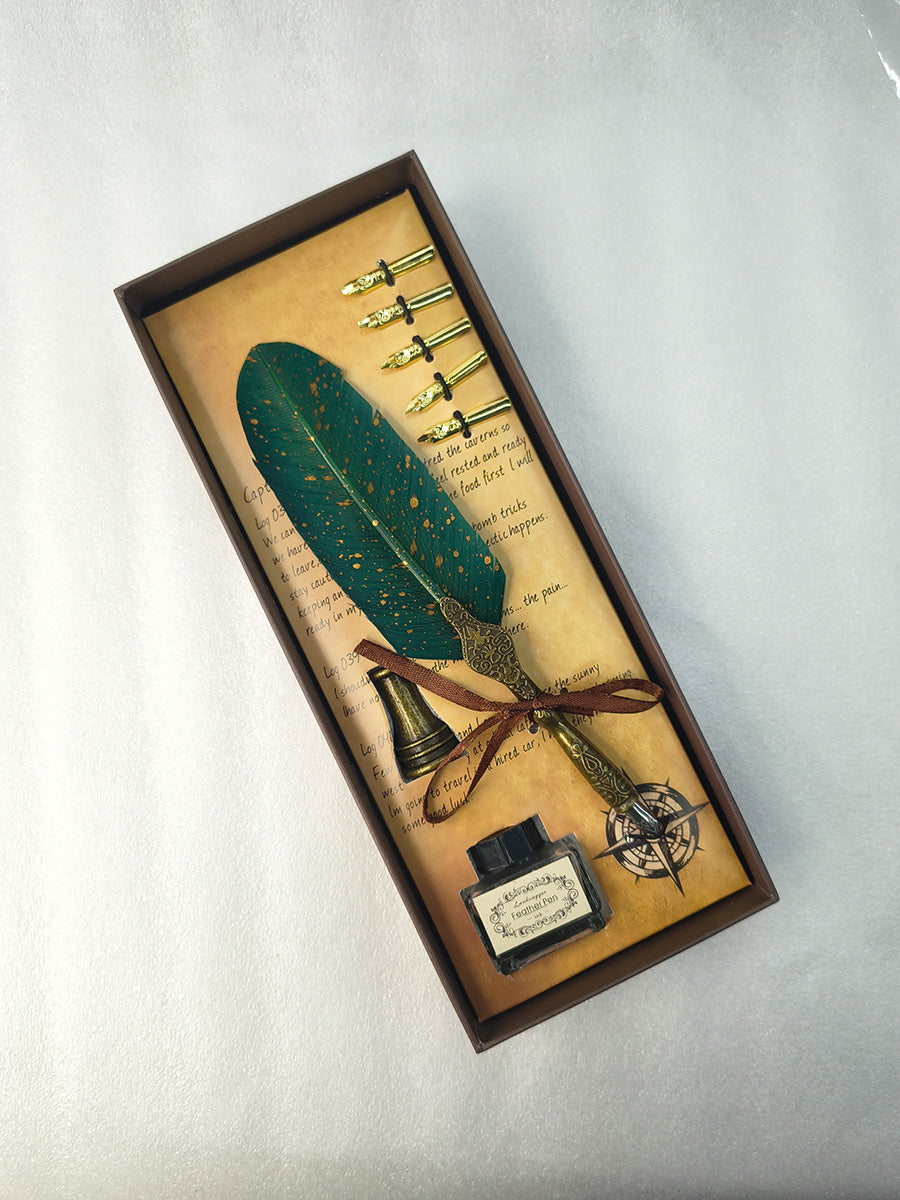 Vintage Feather Quill Pen Set with Ink Bottle & Wax Seal Stamp