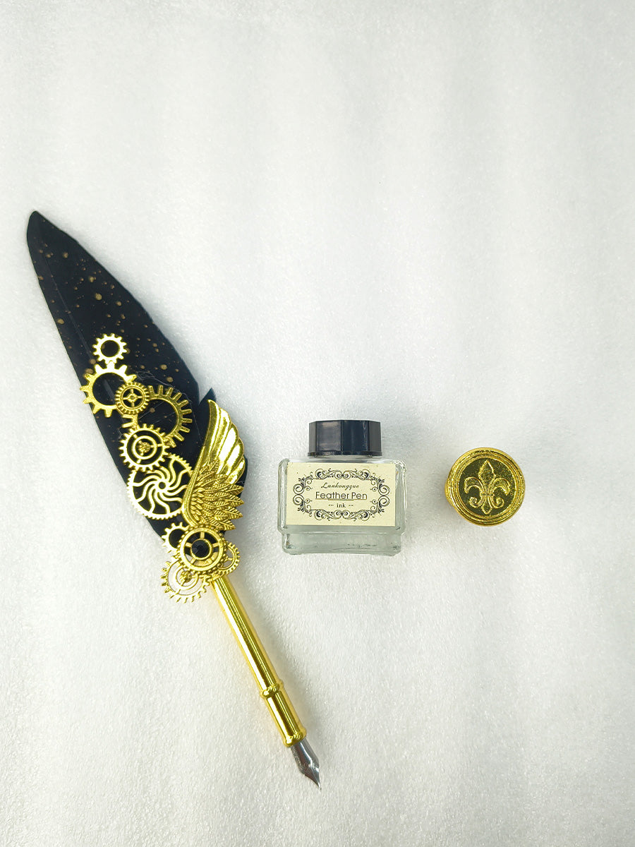 Feather Quill Pen Set with Wing & Gear Charm