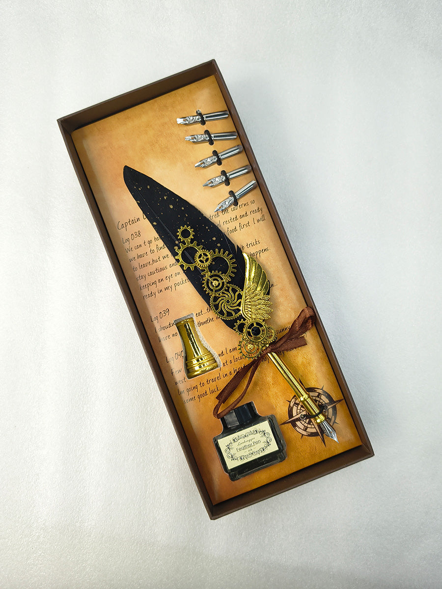 Feather Quill Pen Set with Wing & Gear Charm