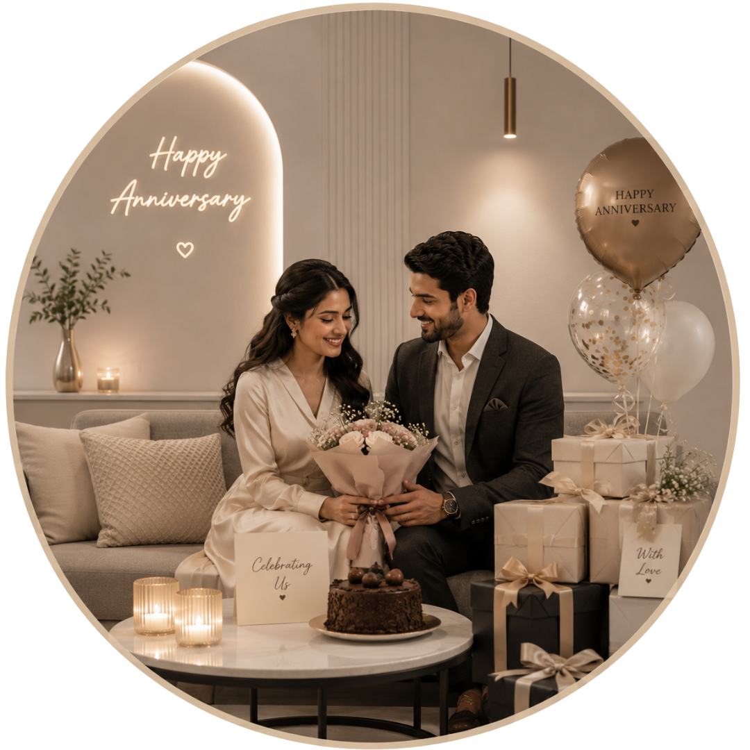 Wicker gift basket with snacks and drinks on a white surface