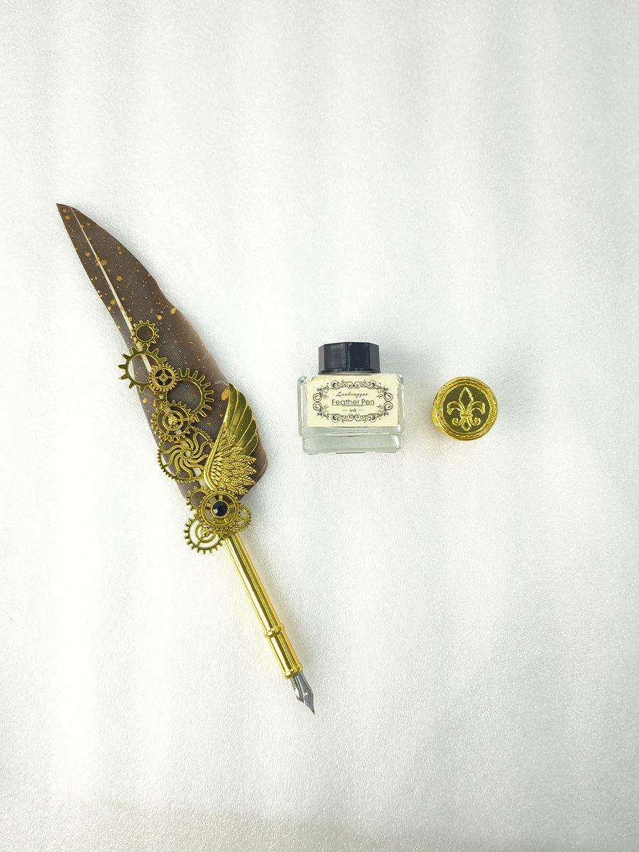 Feather Quill Pen Set with Wing & Gear Charm