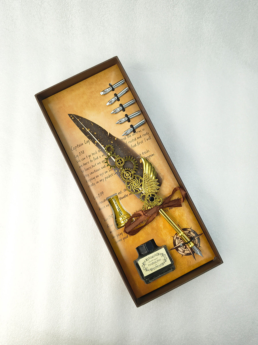 Feather Quill Pen Set with Wing & Gear Charm