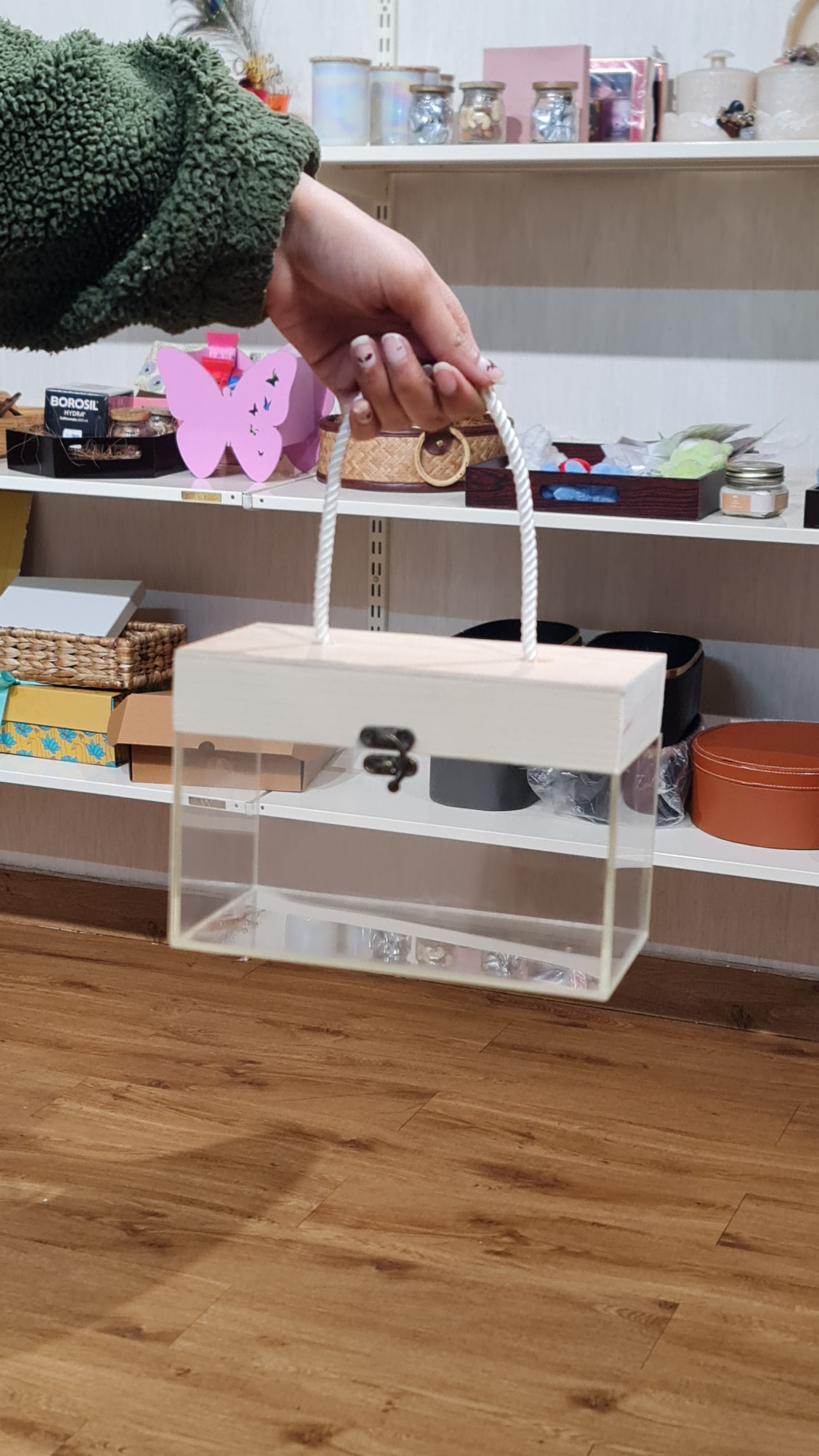 Luxury Acrylic Display Gift Box with Wooden Lid & Rope Handle (26 cm x 18.5 cm x 10 cm)