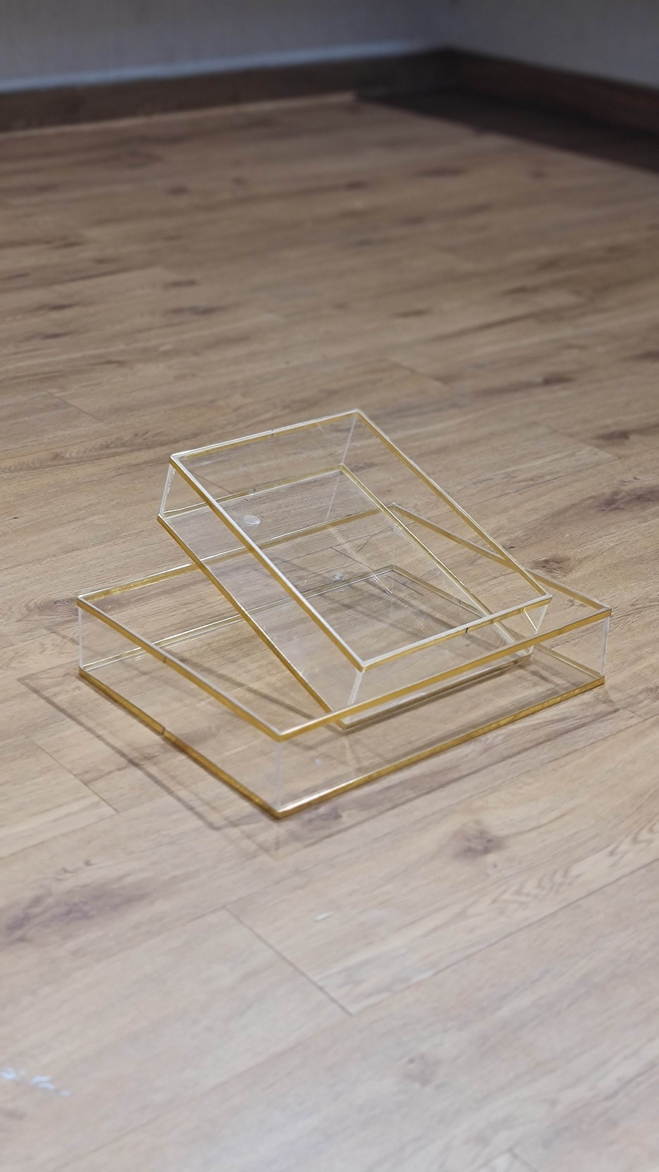 Set of 2 Large Acrylic Display Trays with Gold Border (38 cm L x 38.5 cm W x 8 cm H)