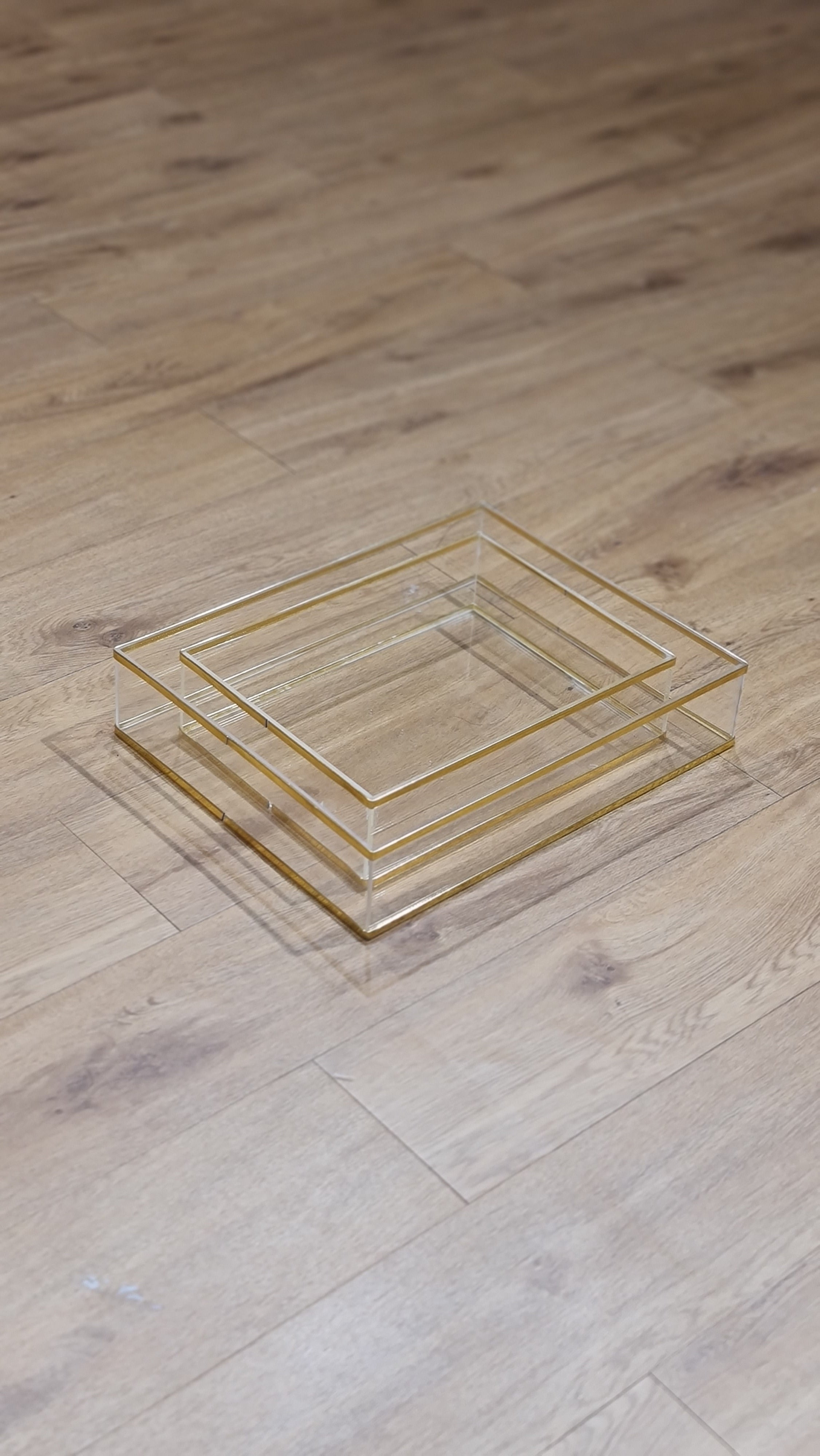 Set of 2 Large Acrylic Display Trays with Gold Border (38 cm L x 38.5 cm W x 8 cm H)