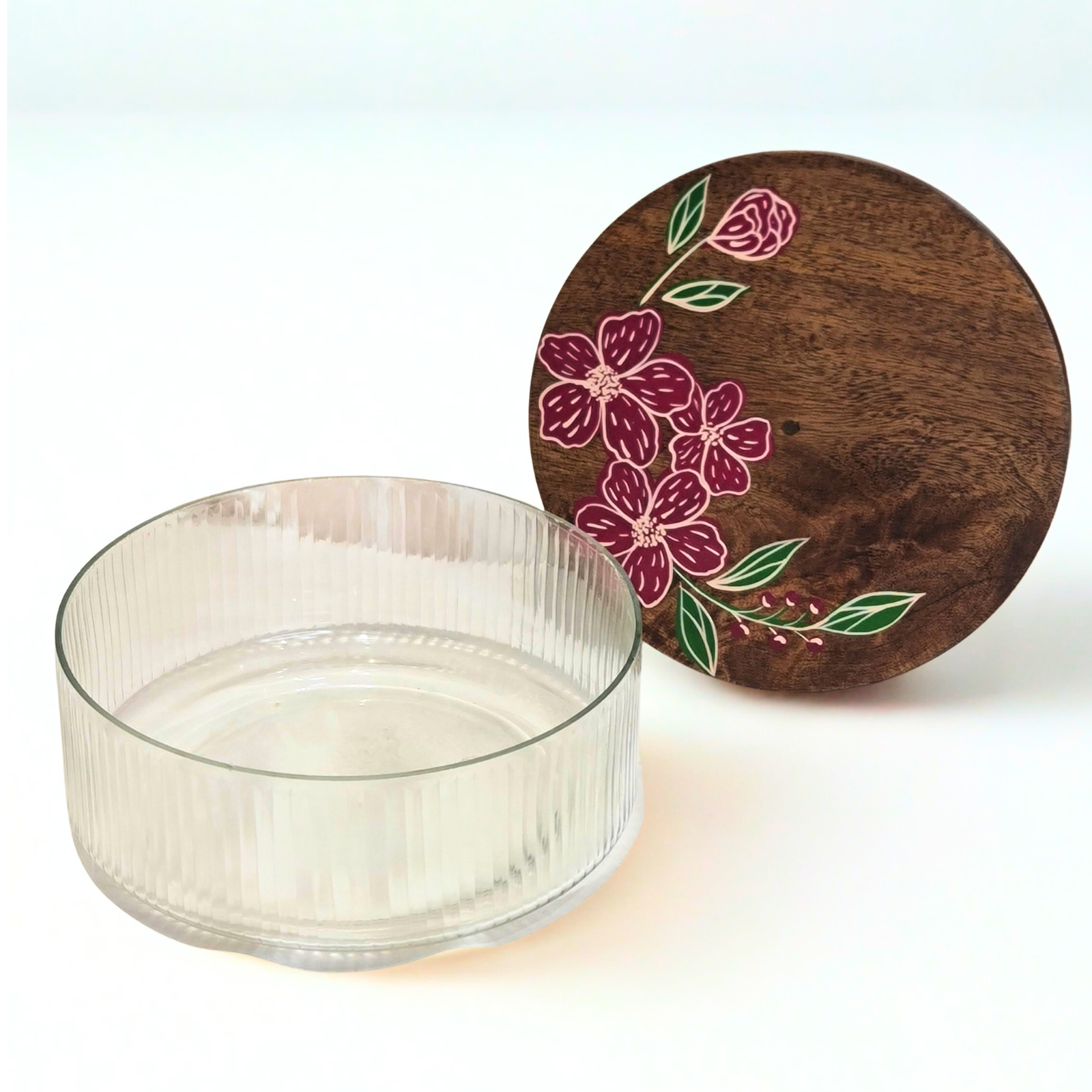Handpainted Glass Roti Box with mango wood Lid