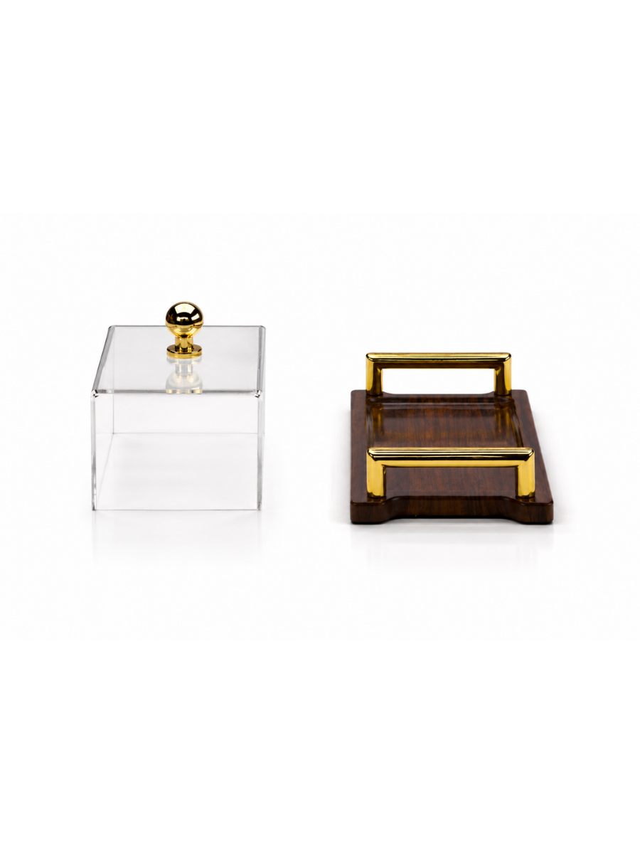Luxe Acrylic Display Tray with Walnut Base & Gold Handles