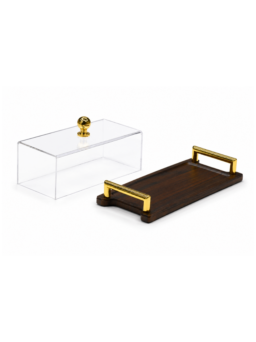 Luxe Acrylic Display Tray with Walnut Base & Gold Handles
