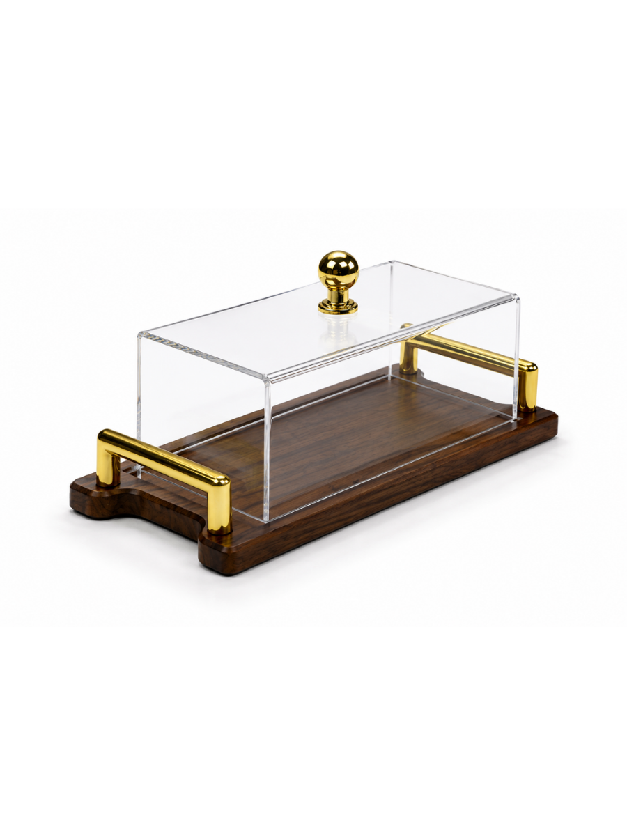 Luxe Acrylic Display Tray with Walnut Base & Gold Handles