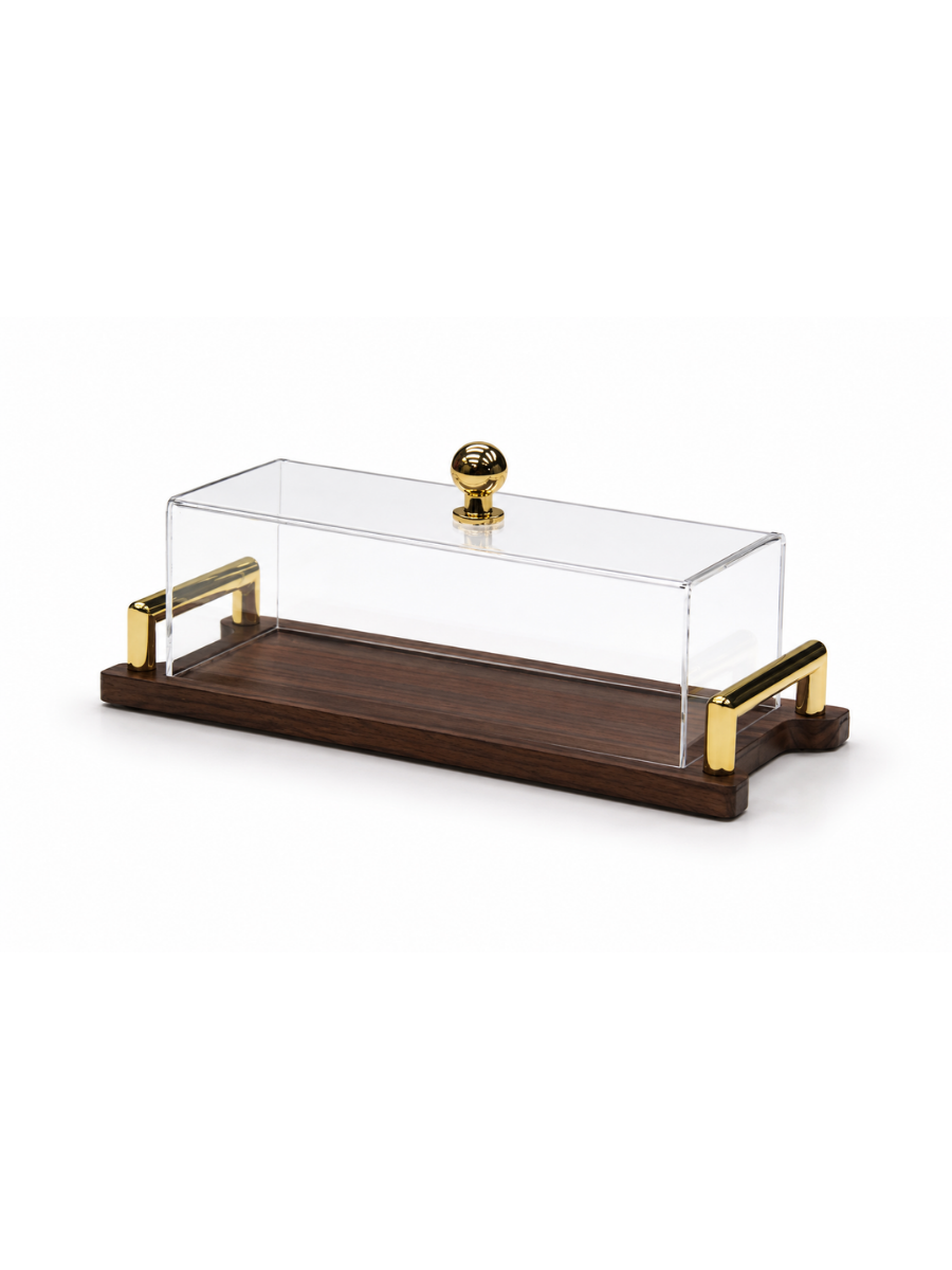 Luxe Acrylic Display Tray with Walnut Base & Gold Handles
