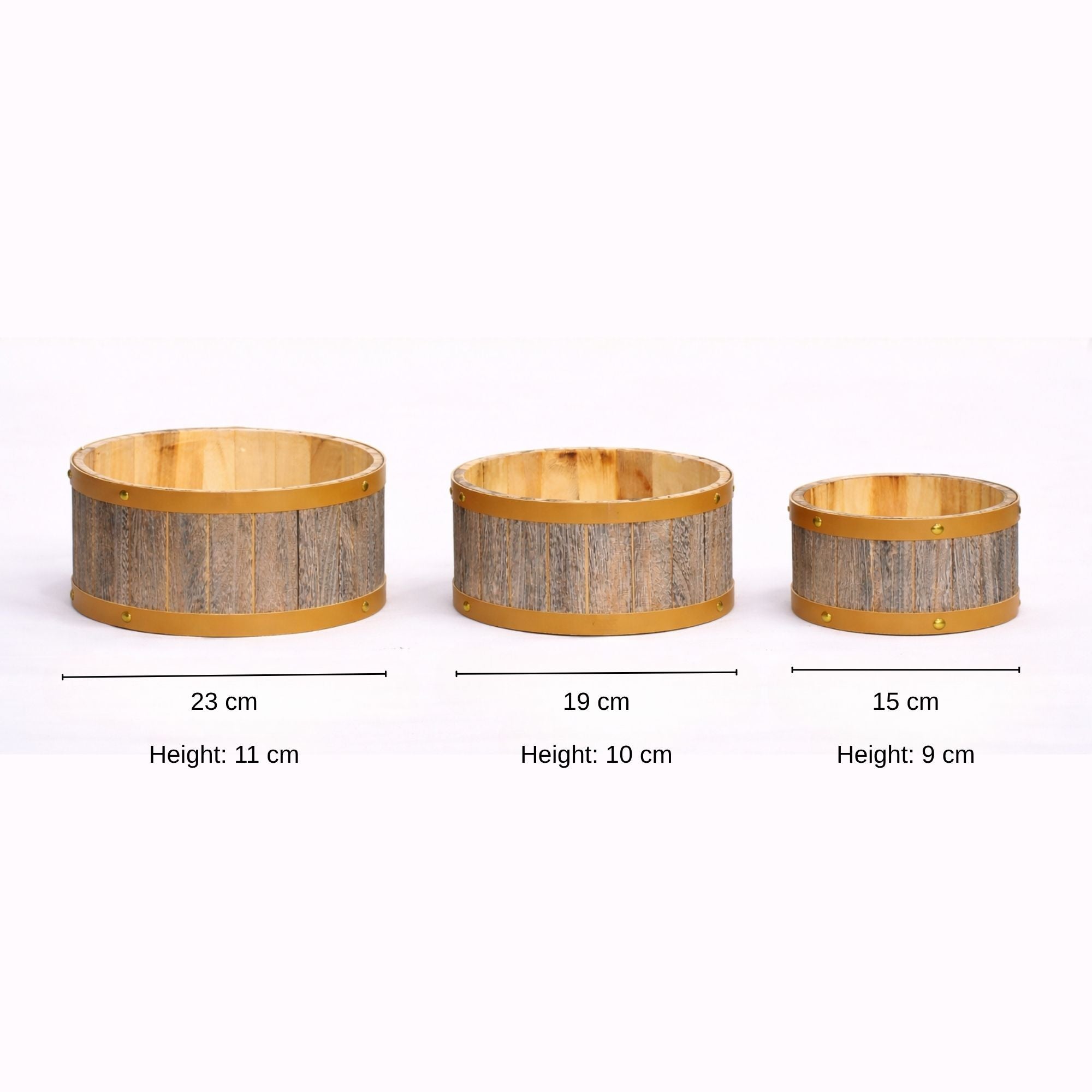 Barrel-Style Storage Wooden Containers with Gold Metal Bands- (Set of 3)