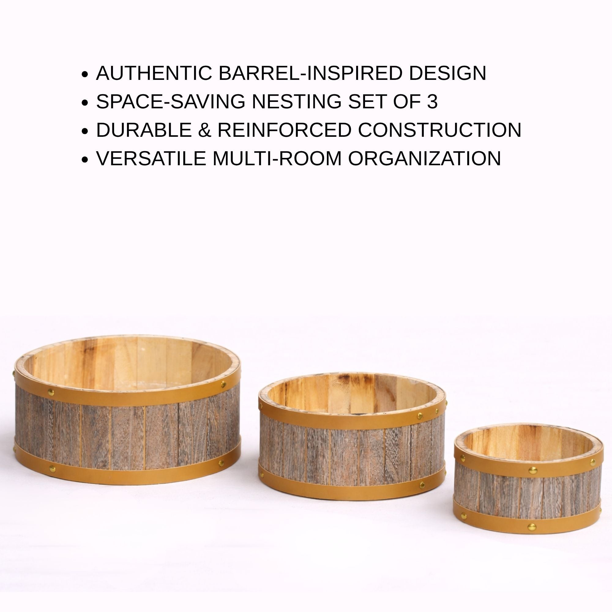 Barrel-Style Storage Wooden Containers with Gold Metal Bands- (Set of 3)