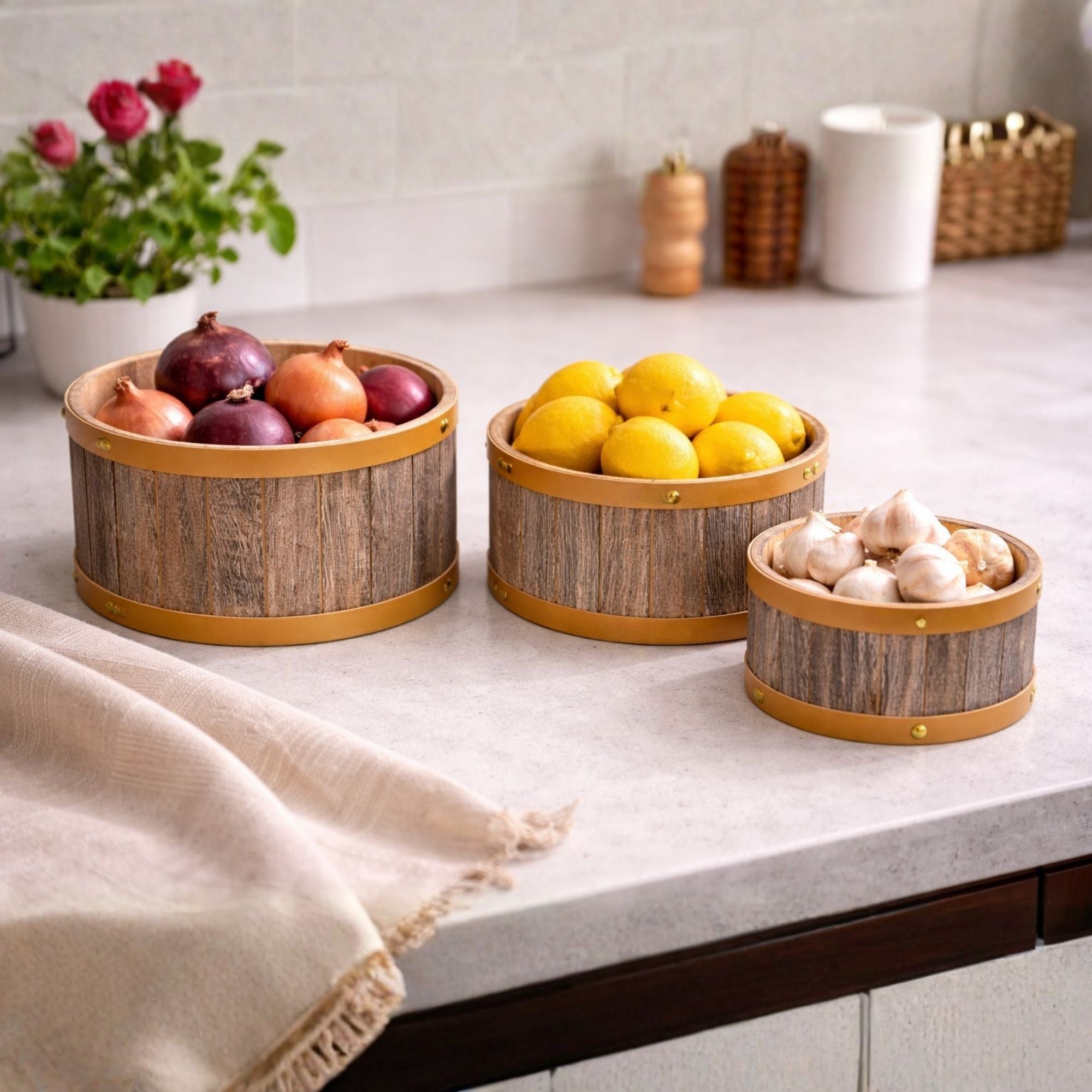 Barrel-Style Storage Wooden Containers with Gold Metal Bands- (Set of 3)