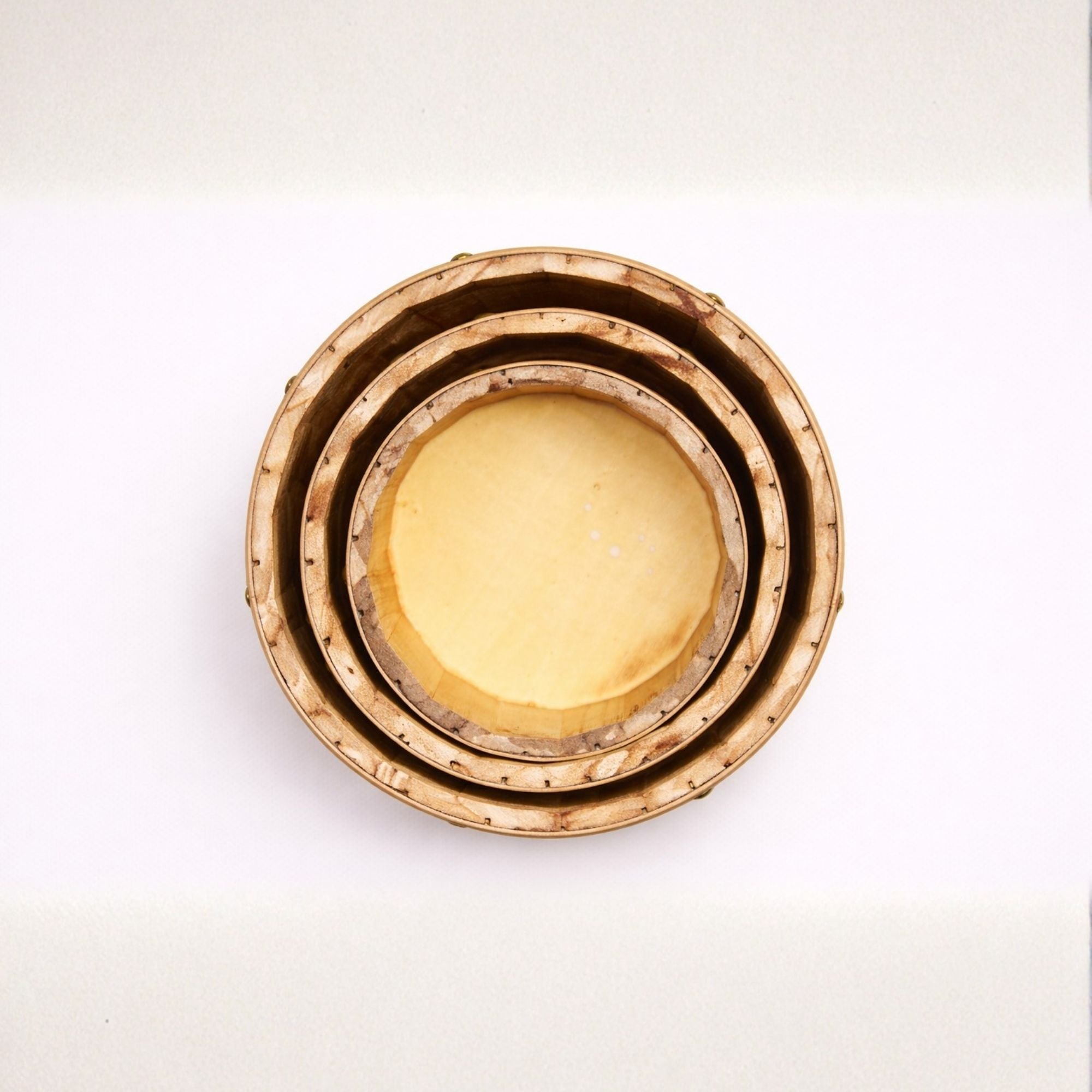 Barrel-Style Storage Wooden Containers with Gold Metal Bands- (Set of 3)