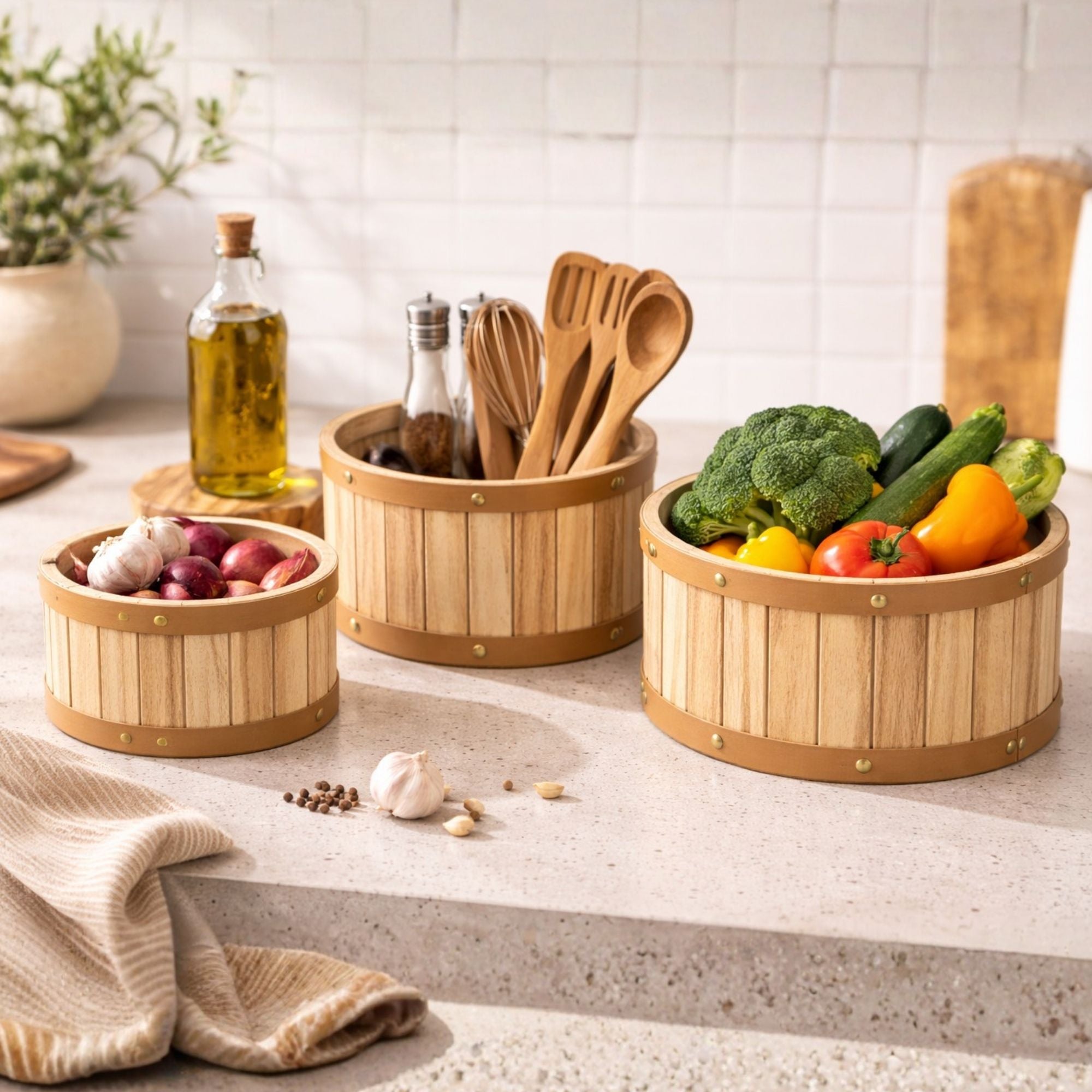 Barrel-Style Storage Wooden Containers with Gold Metal Bands- (Set of 3)
