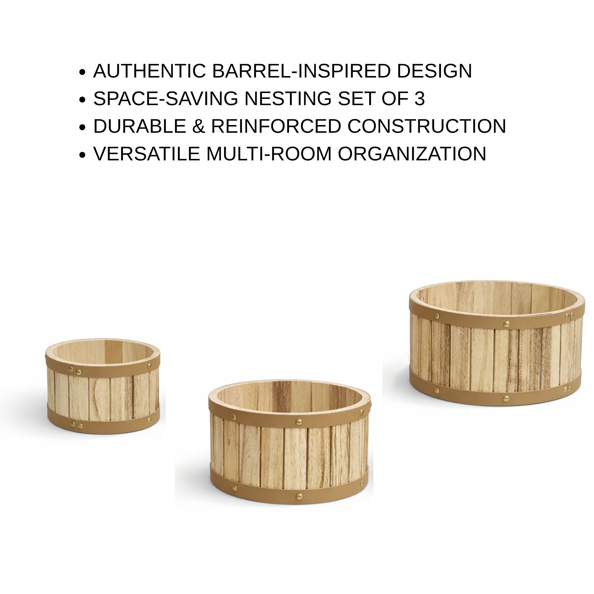 Barrel-Style Storage Wooden Containers with Gold Metal Bands- (Set of 3)