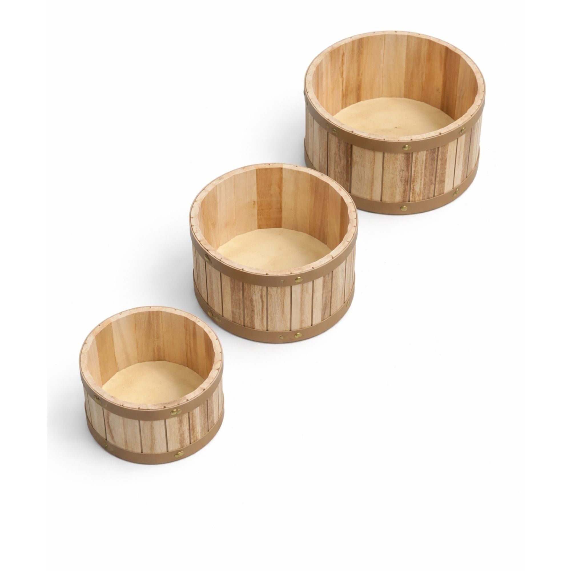 Barrel-Style Storage Wooden Containers with Gold Metal Bands- (Set of 3)