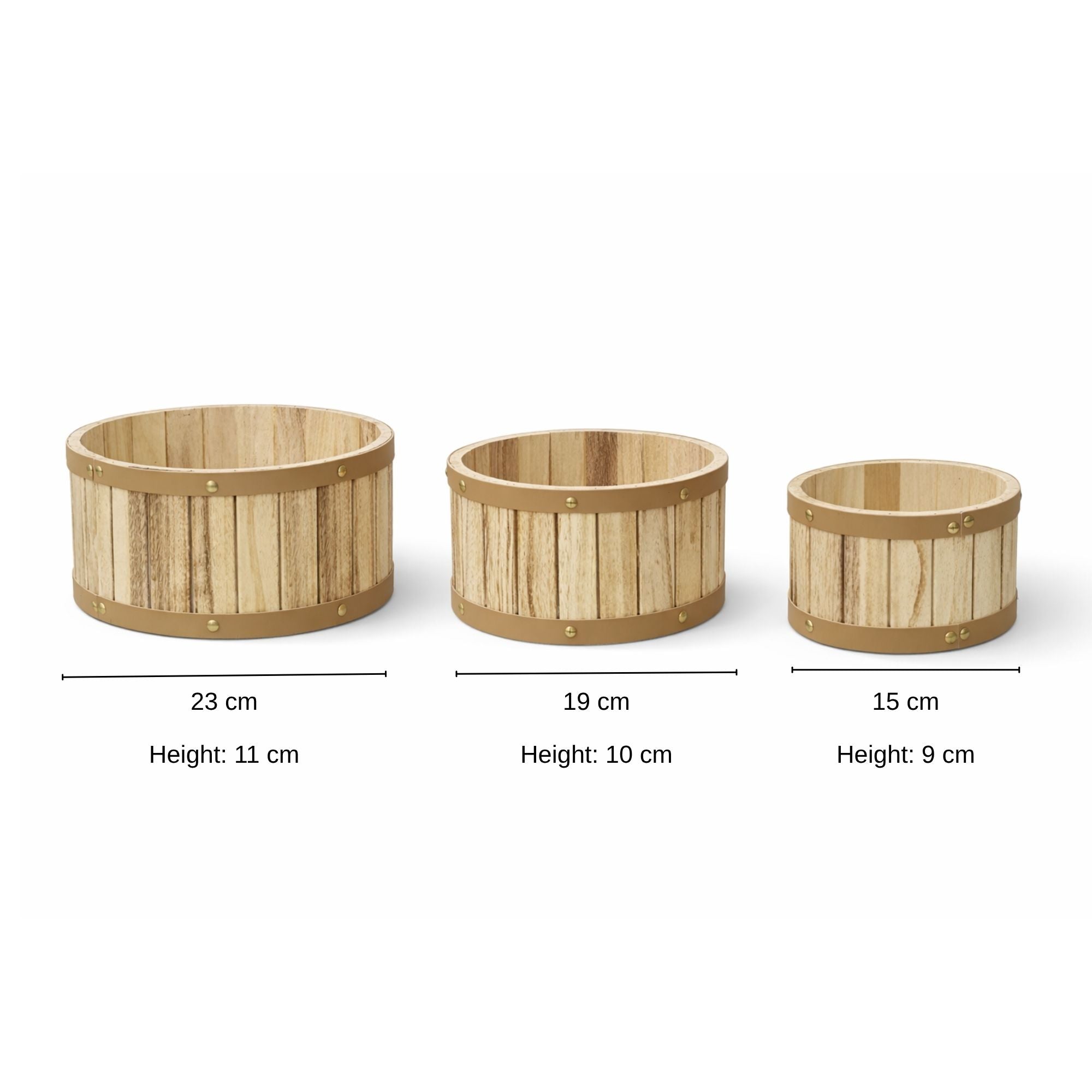 Barrel-Style Storage Wooden Containers with Gold Metal Bands- (Set of 3)